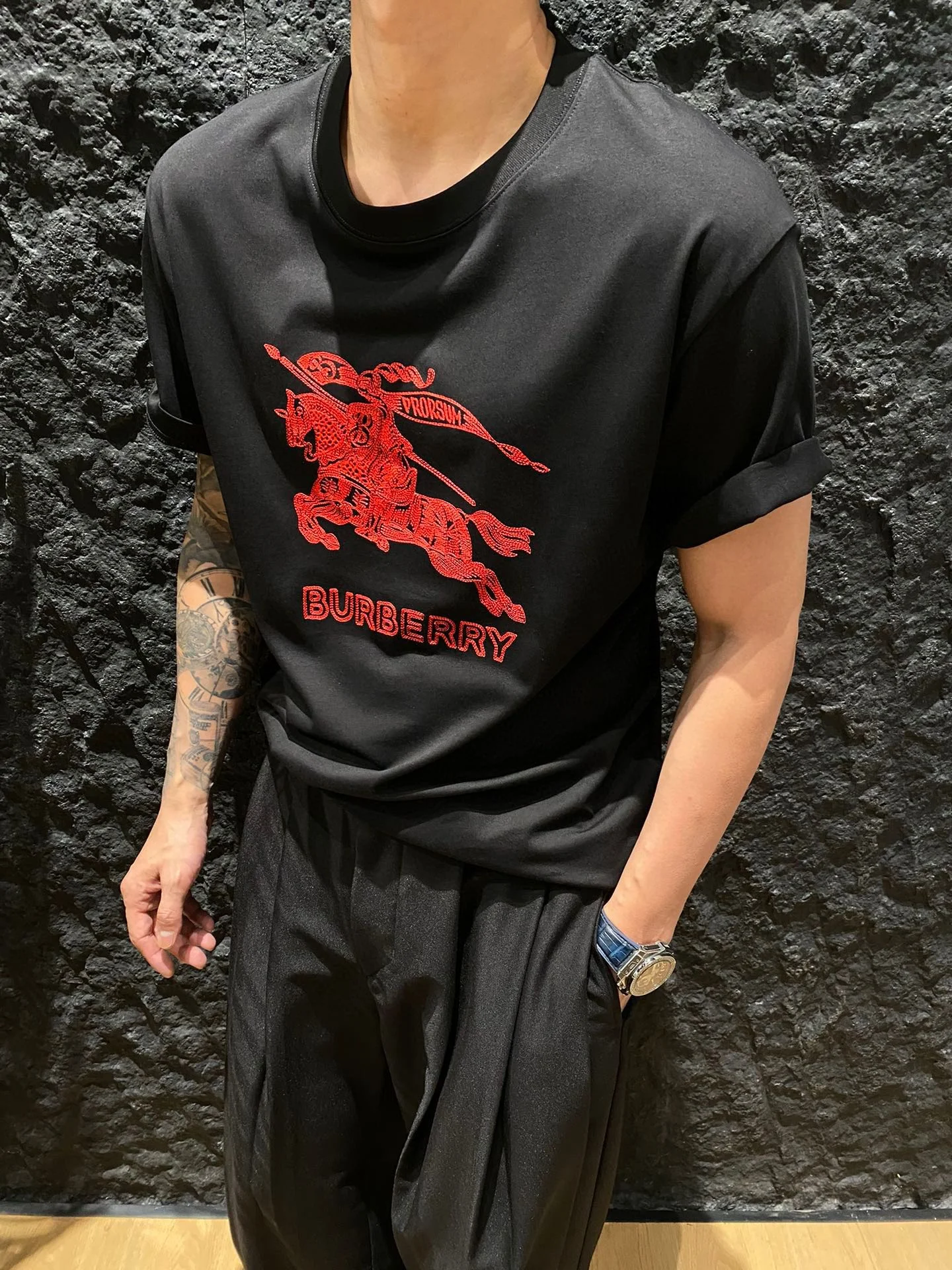 Burberry Black Embroidered Logo Cotton T-Shirt