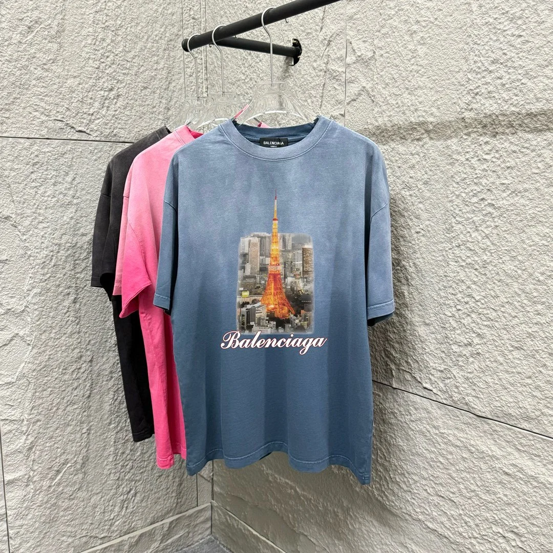 Balenciaga 2025 Gradient Tie-Dye Paris Tower Print T-Shirt