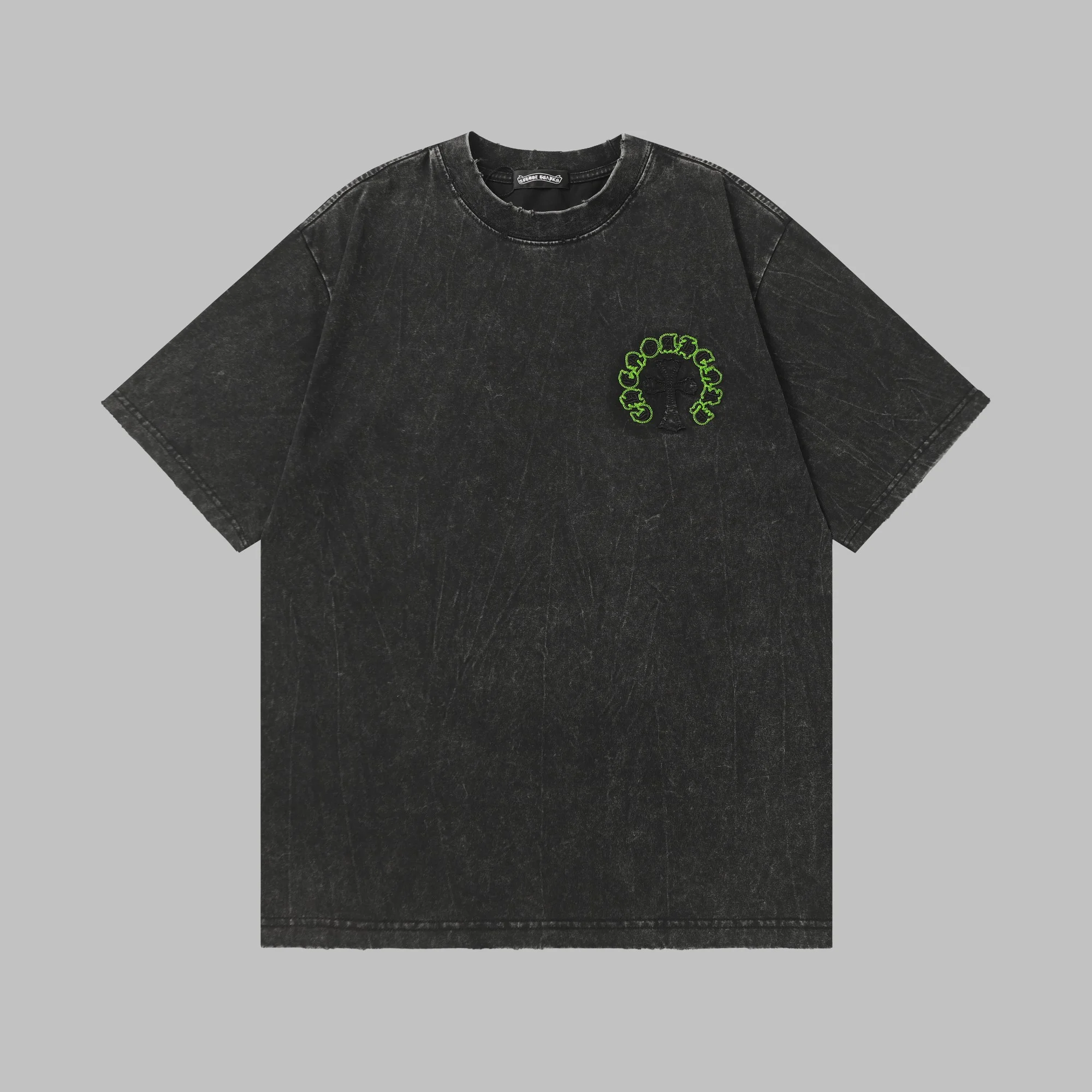 Chrome Hearts Black Acid-Wash Cross Embroidered T-Shirt