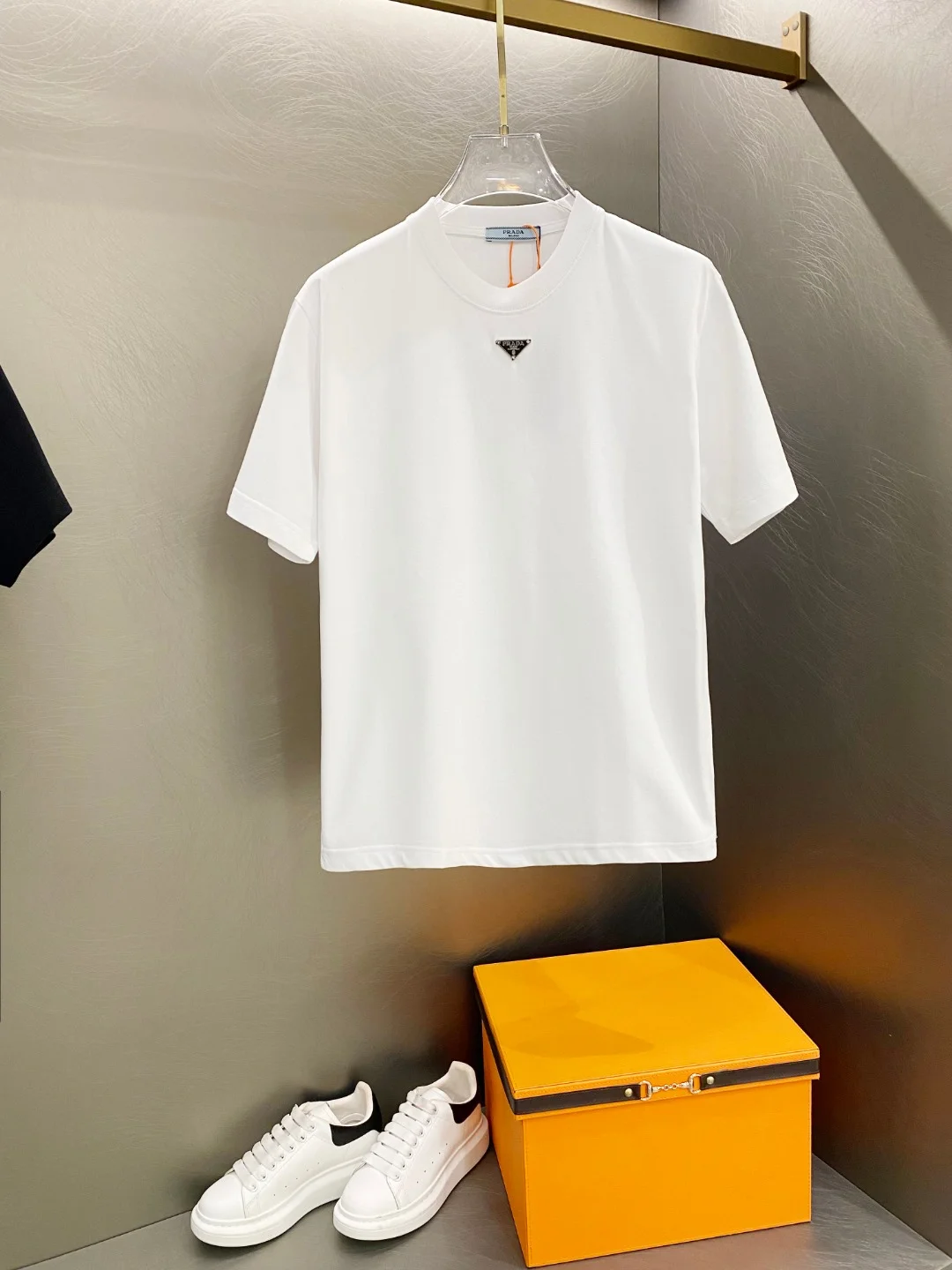 Prada White Triangle Logo Embroidered Cotton T-Shirt
