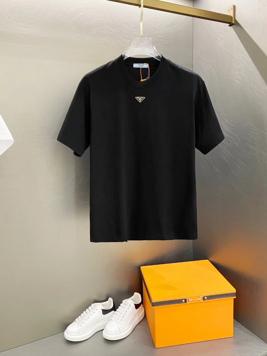 Prada Black Cotton T-Shirt, Embroidered Triangle