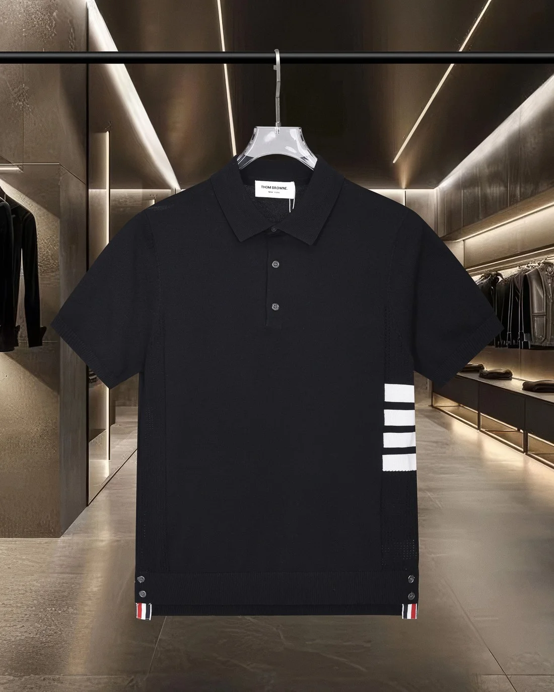 Thom Browne Black 4-Stripe Knit Casual Polo Shirt