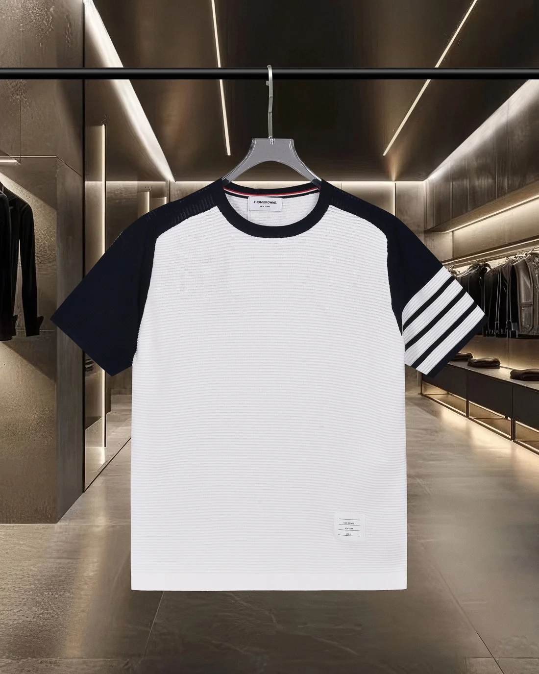 Thom Browne 2025ss Wht/Navy 4-Bar Knit T-Shirt