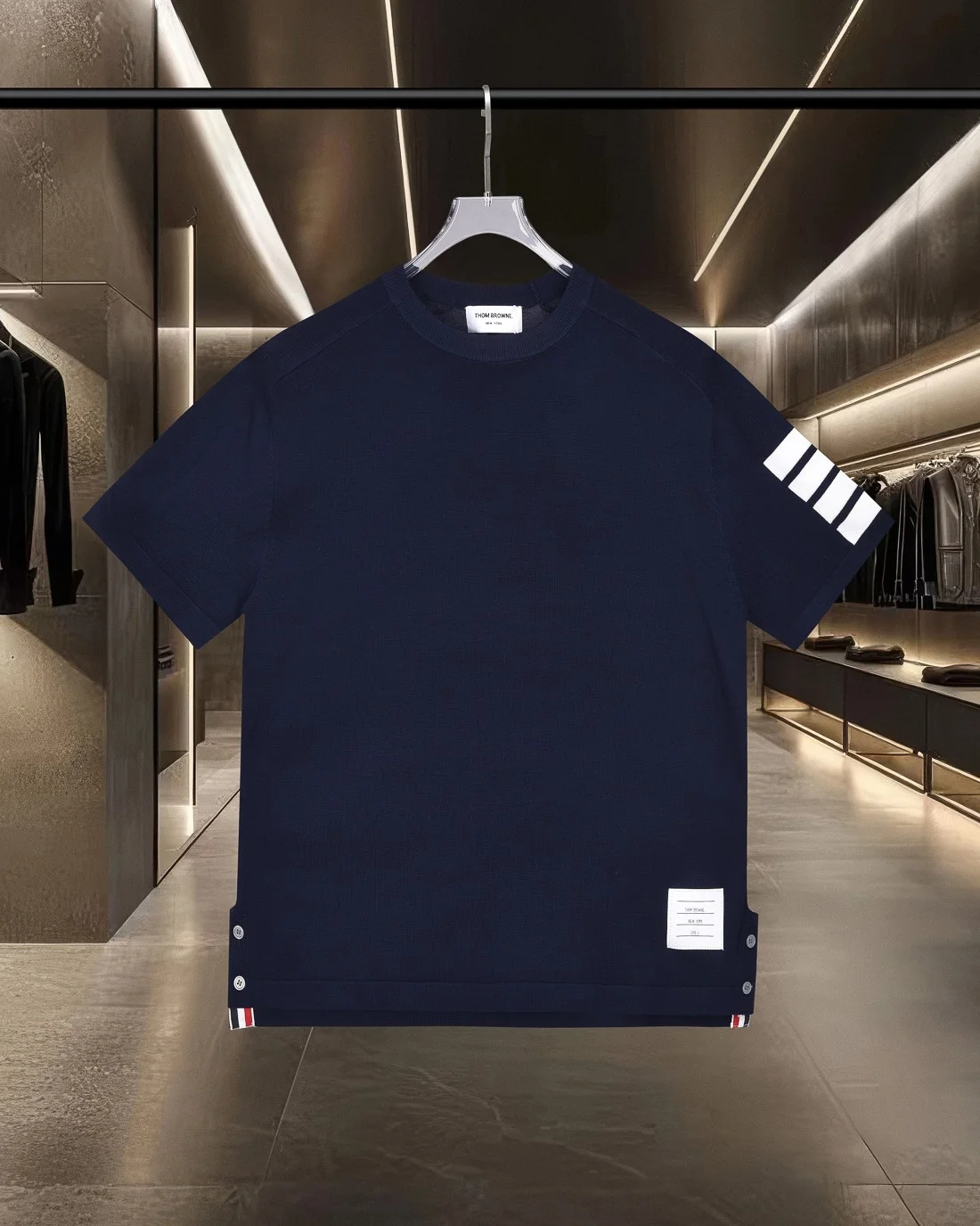 Thom Browne Blue-White 4-Stripe Knit Casual Short-Sleeve