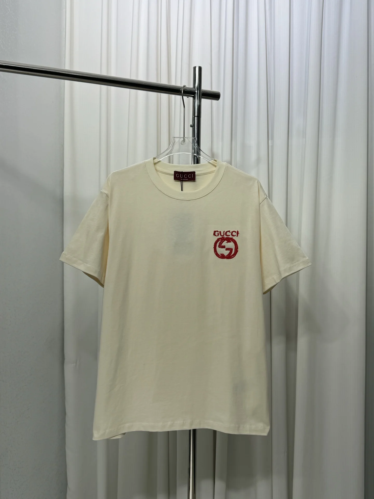 Gucci Beige Embroidered Logo Unisex Cotton T-Shirt