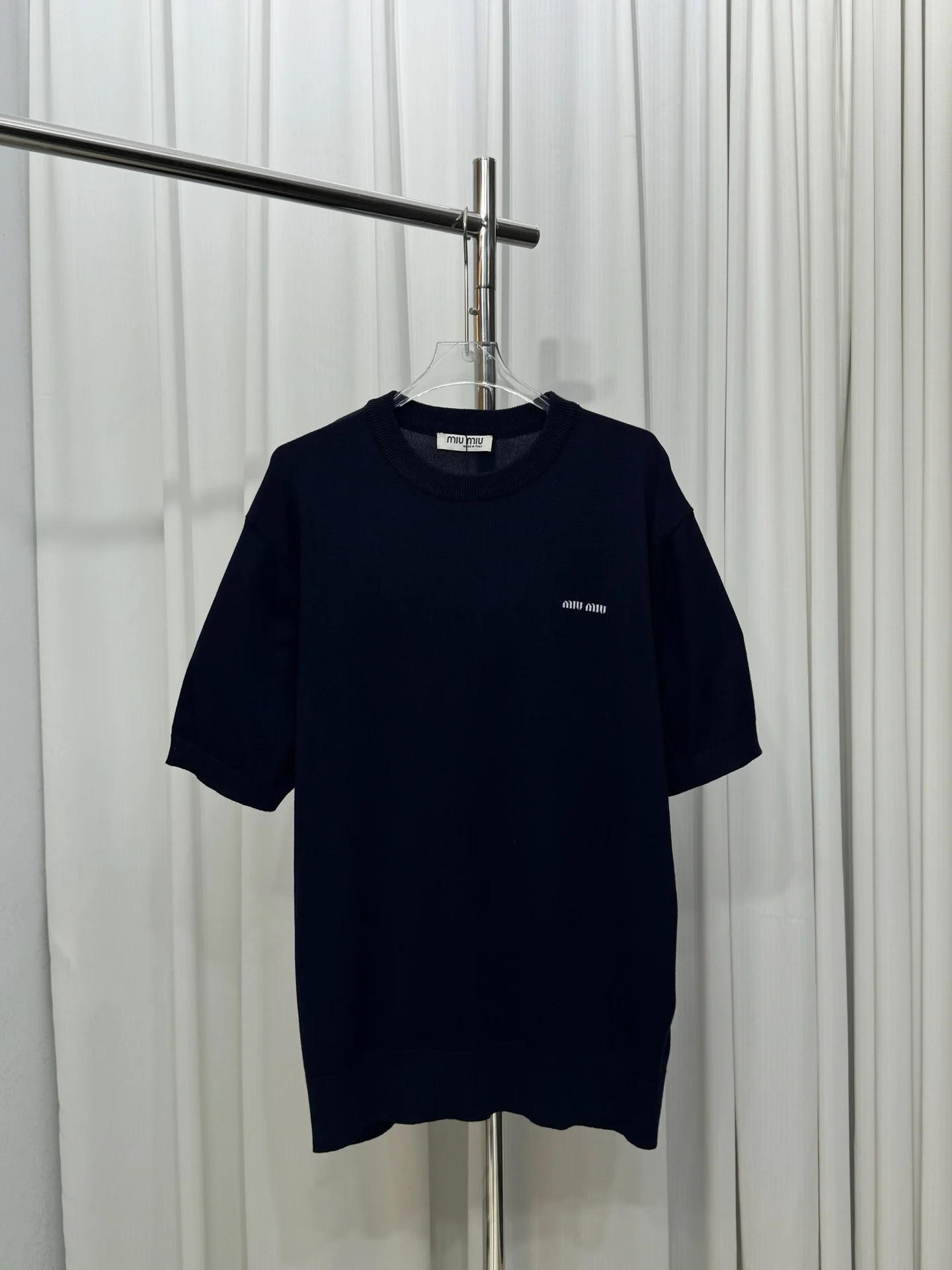 Miu Miu Navy Thin Wool Logo Knit Short-Sleeve Unisex T-Shirt