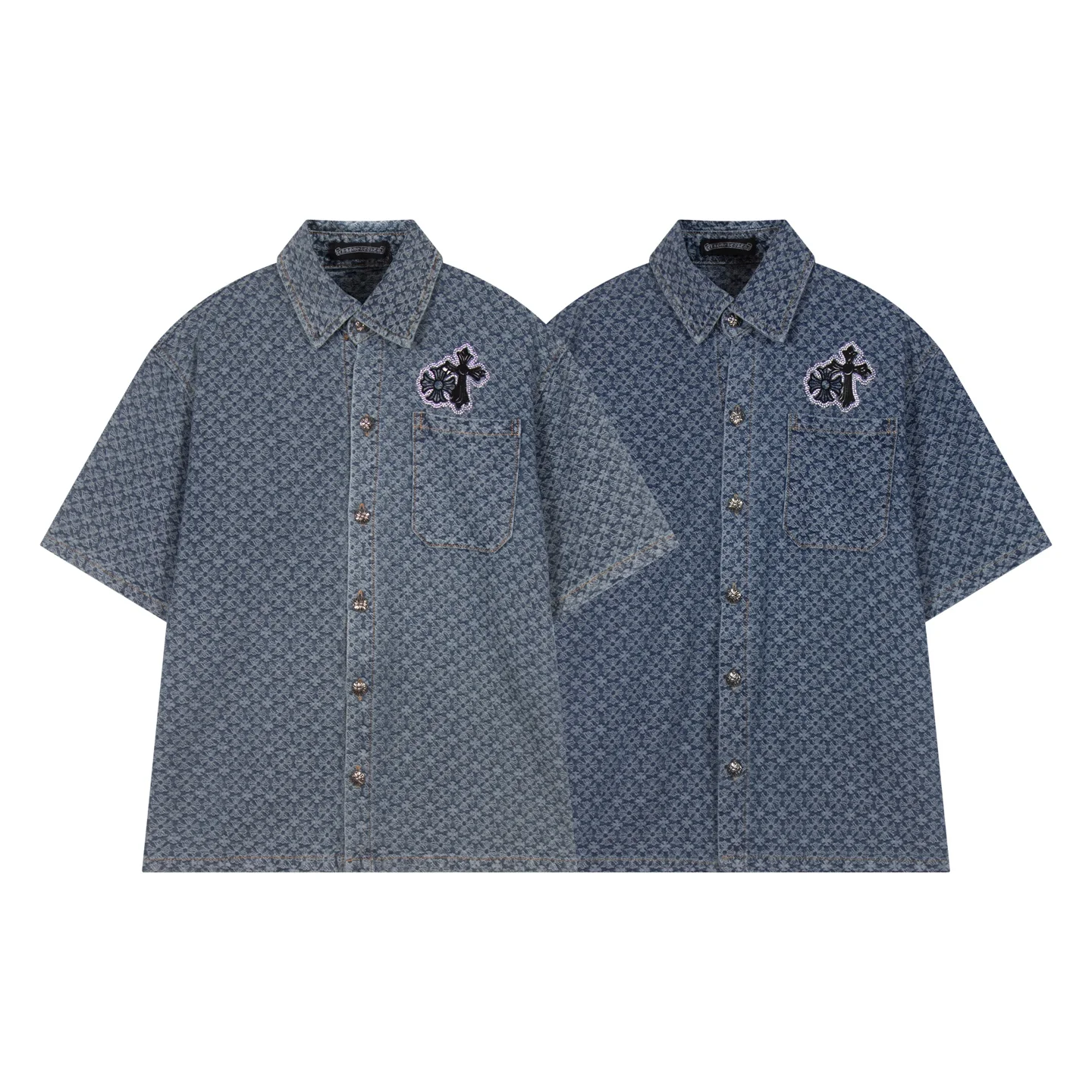 Chrome Hearts 2025 Blue Denim Short Shirt (Cross Print, Oversize)
