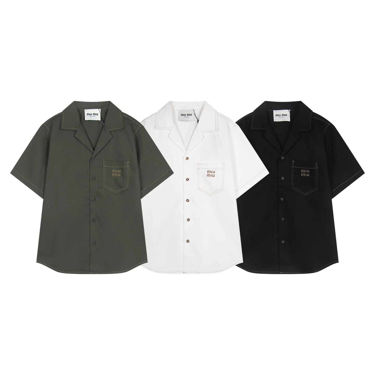 Miu Miu Olive-White-Black Denim Notch-Lapel Shirt