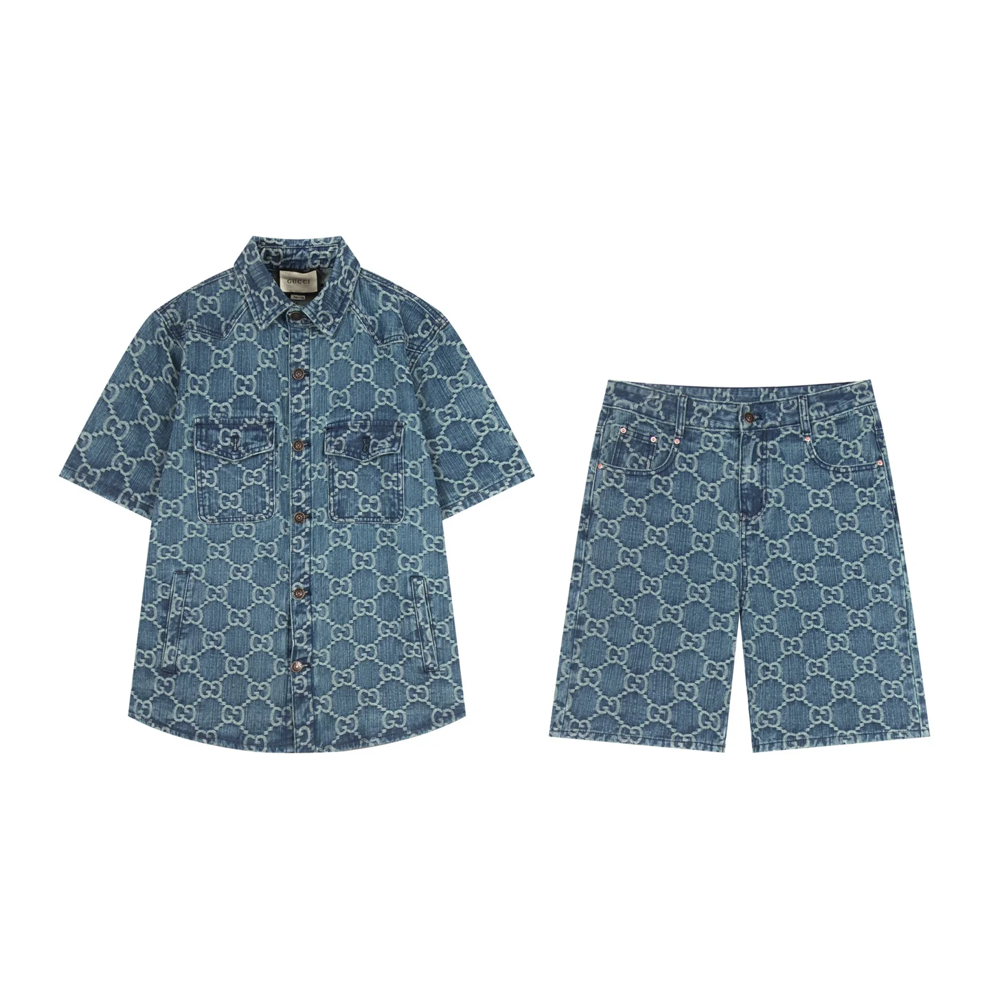 Gucci Blue GG Jacquard Denim Short Shirt & Shorts Set