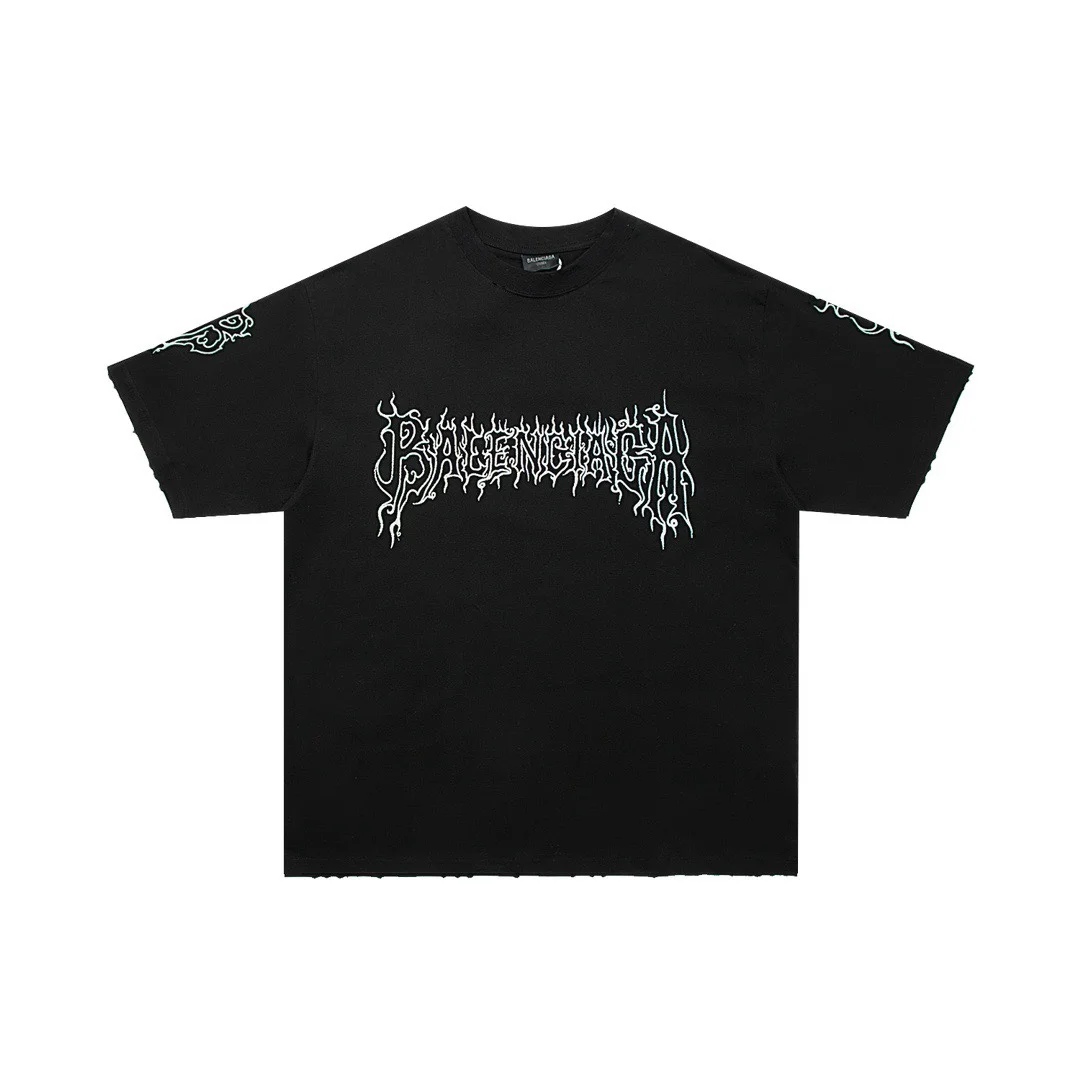 Balenciaga Black Flame Logo Distressed T-Shirt