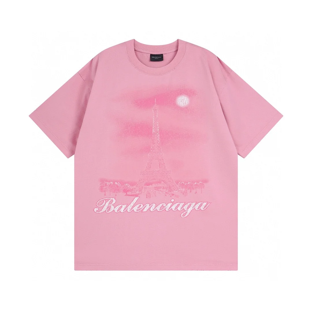 Balenciaga Pink Eiffel Tower Distressed OS T-Shirt
