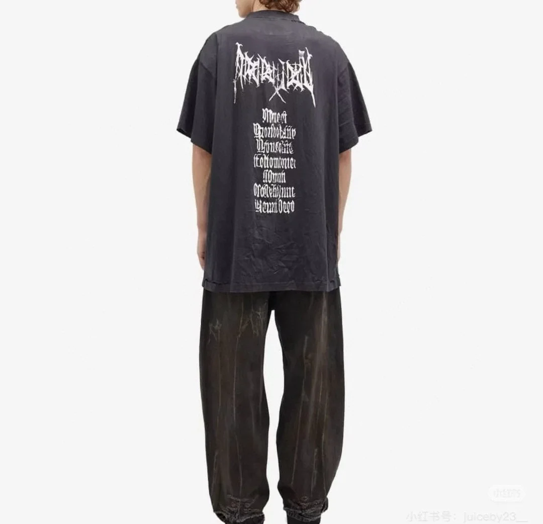 Balenciaga Black Gothic Logo Crackle-Print Oversized T-Shirt