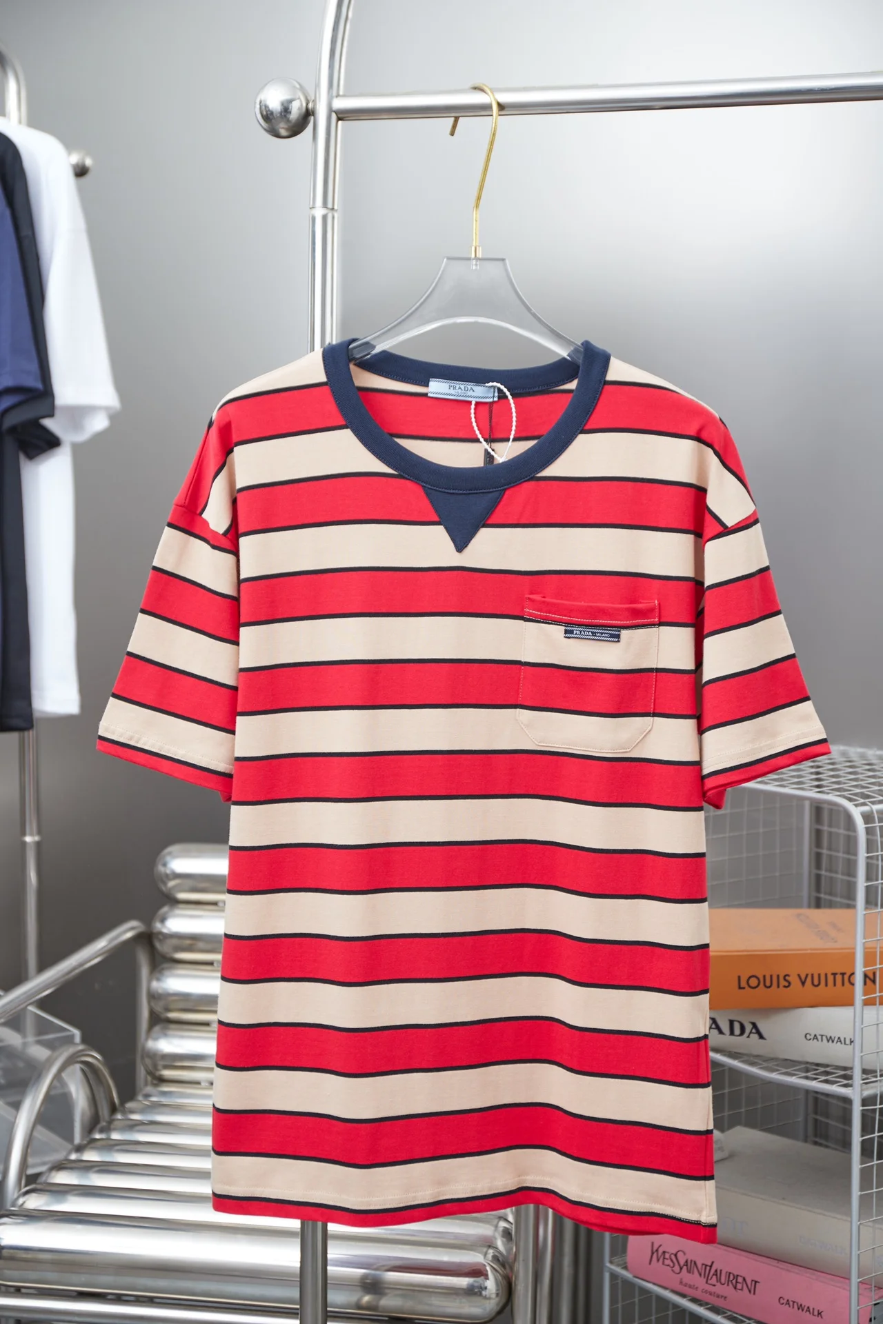 Prada Red Striped Pocket Logo T-Shirt