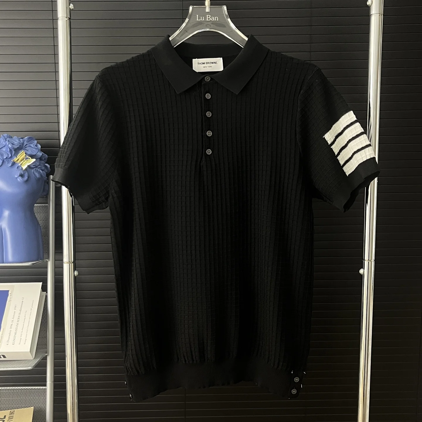 Thom Browne Black 4-Bar Knit Polo T-Shirt