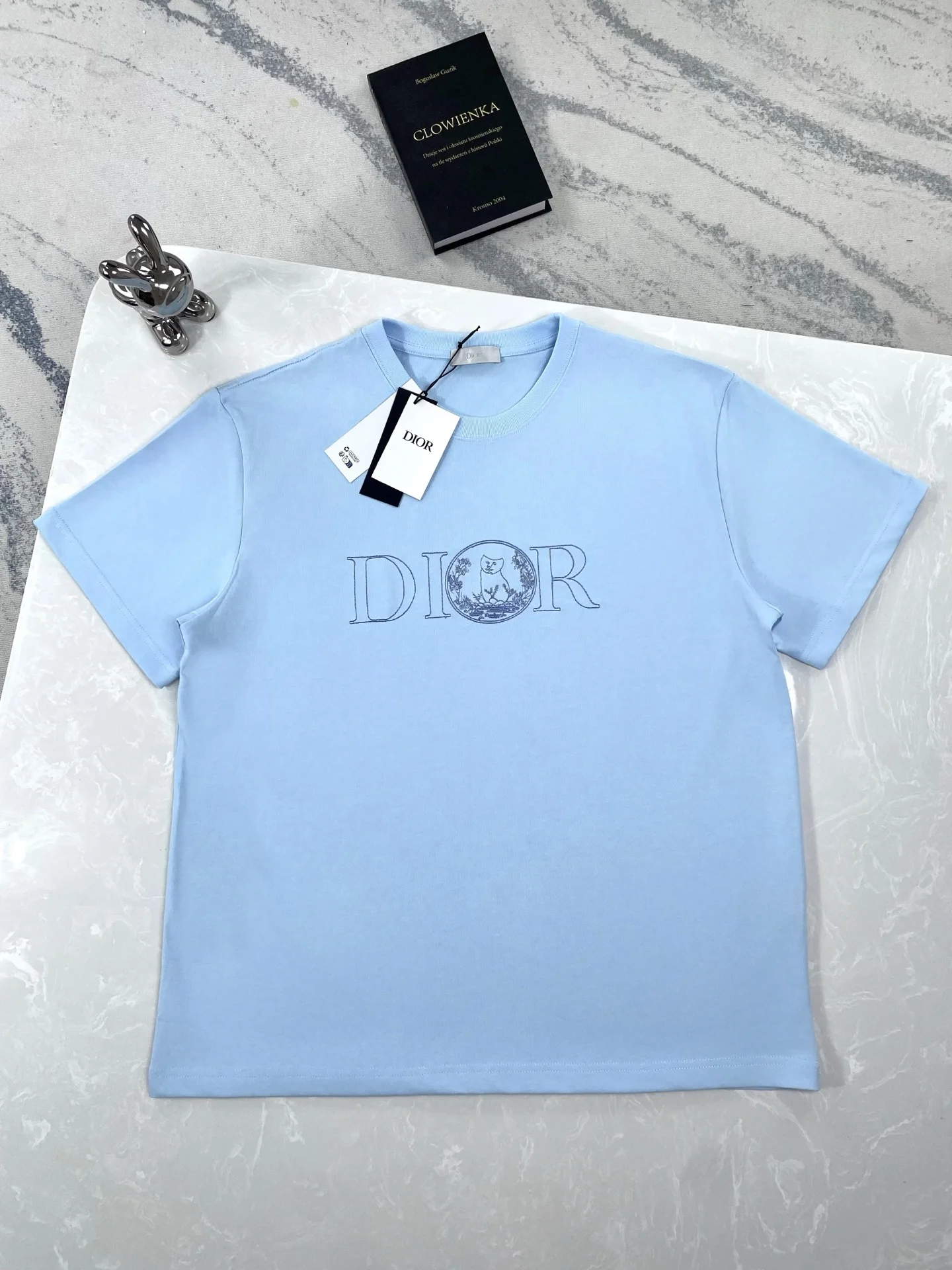 Dior 25ss Light Blue Cat Embroidered Crew Neck T-Shirt