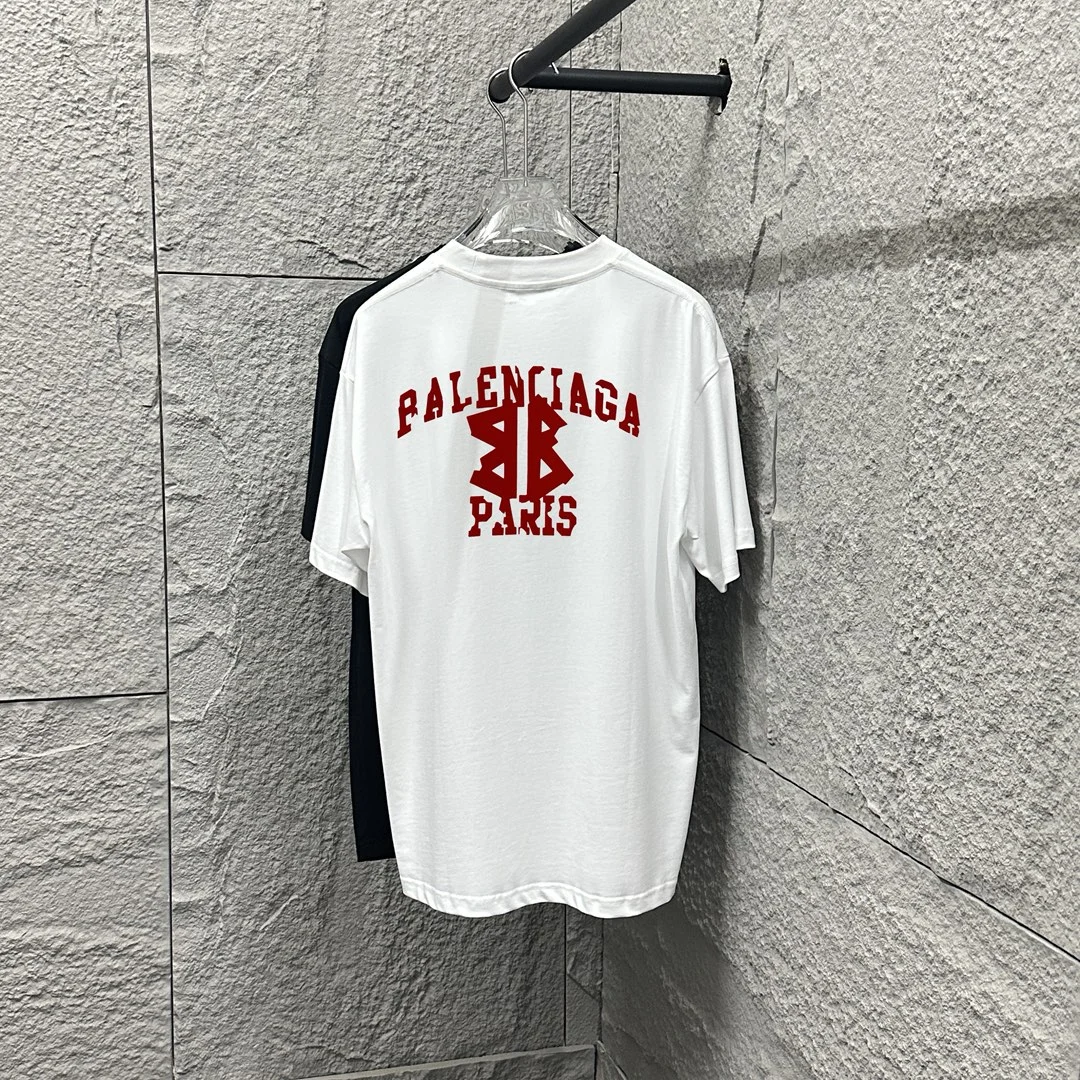 Balenciaga 2025SS White Classic Red Letter & Double B Flocking T-Shirt