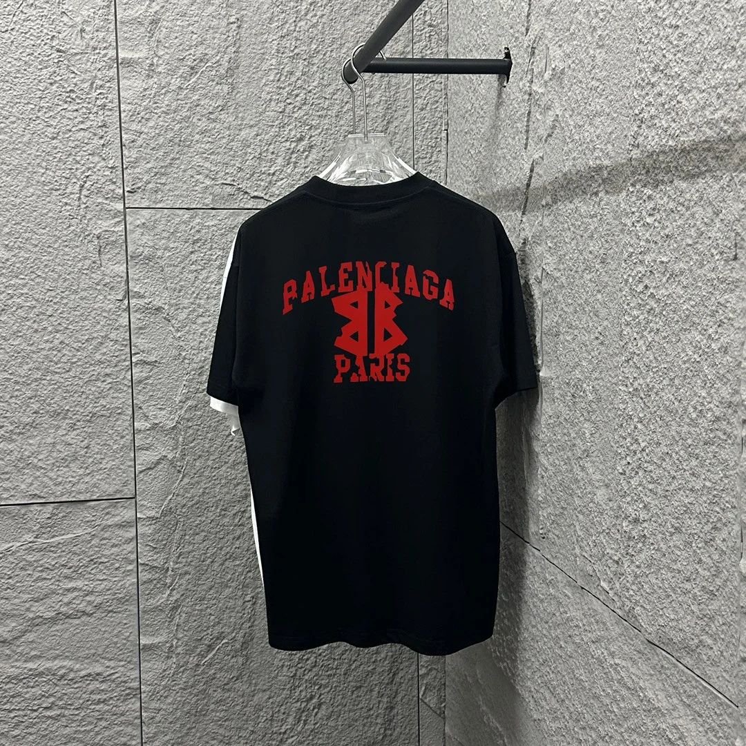 Balenciaga Black T-Shirt Red BB Flock Cotton