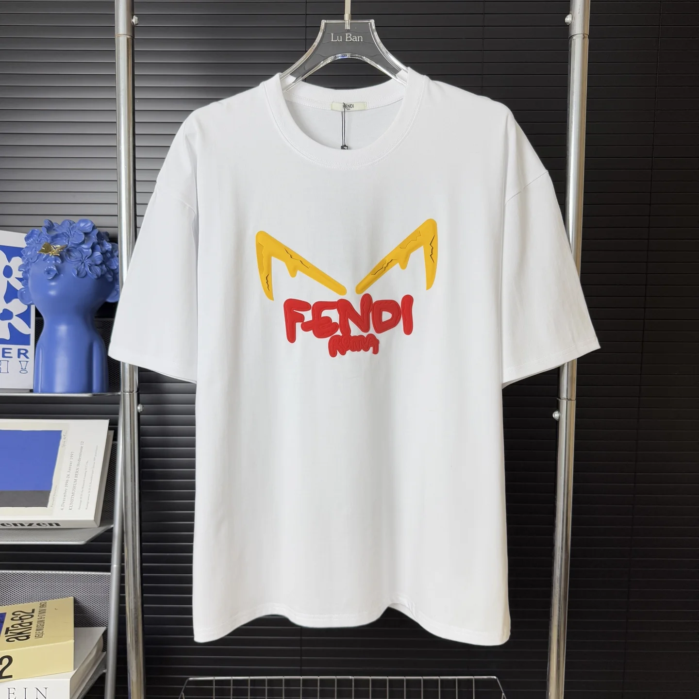 Fendi White 3D Cracked Logo Cotton Crew Neck T-Shirt