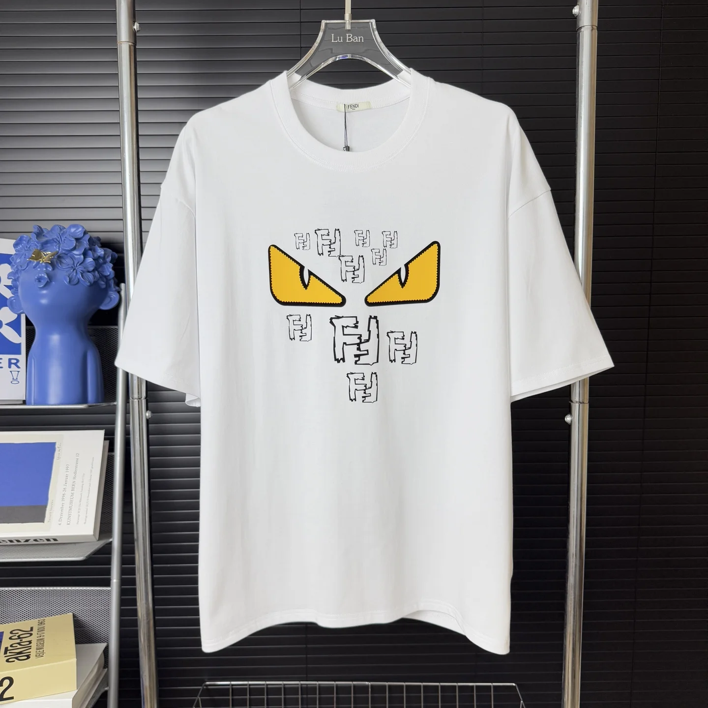 Fendi White Flocked FF Logo Monster-Eye Crew T-Shirt