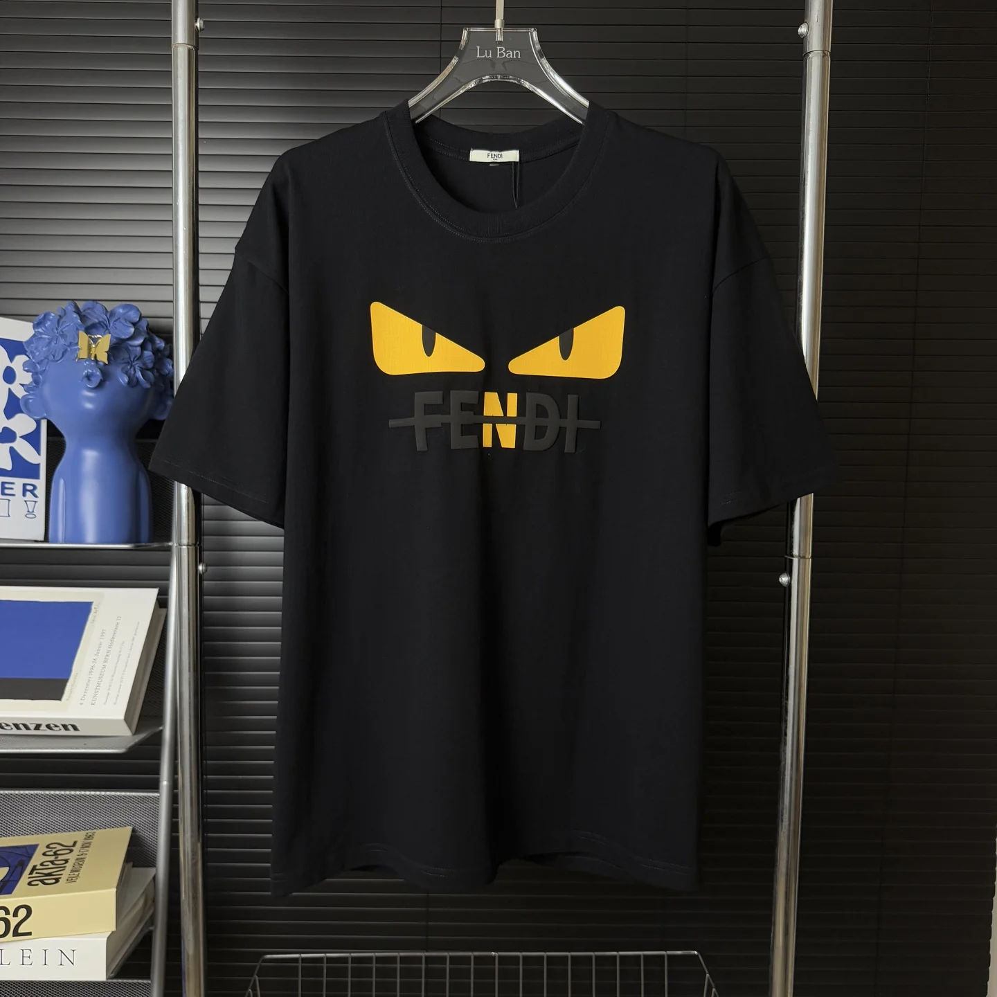 Fendi Black Monster Eyes Flocked Logo Cotton T-Shirt
