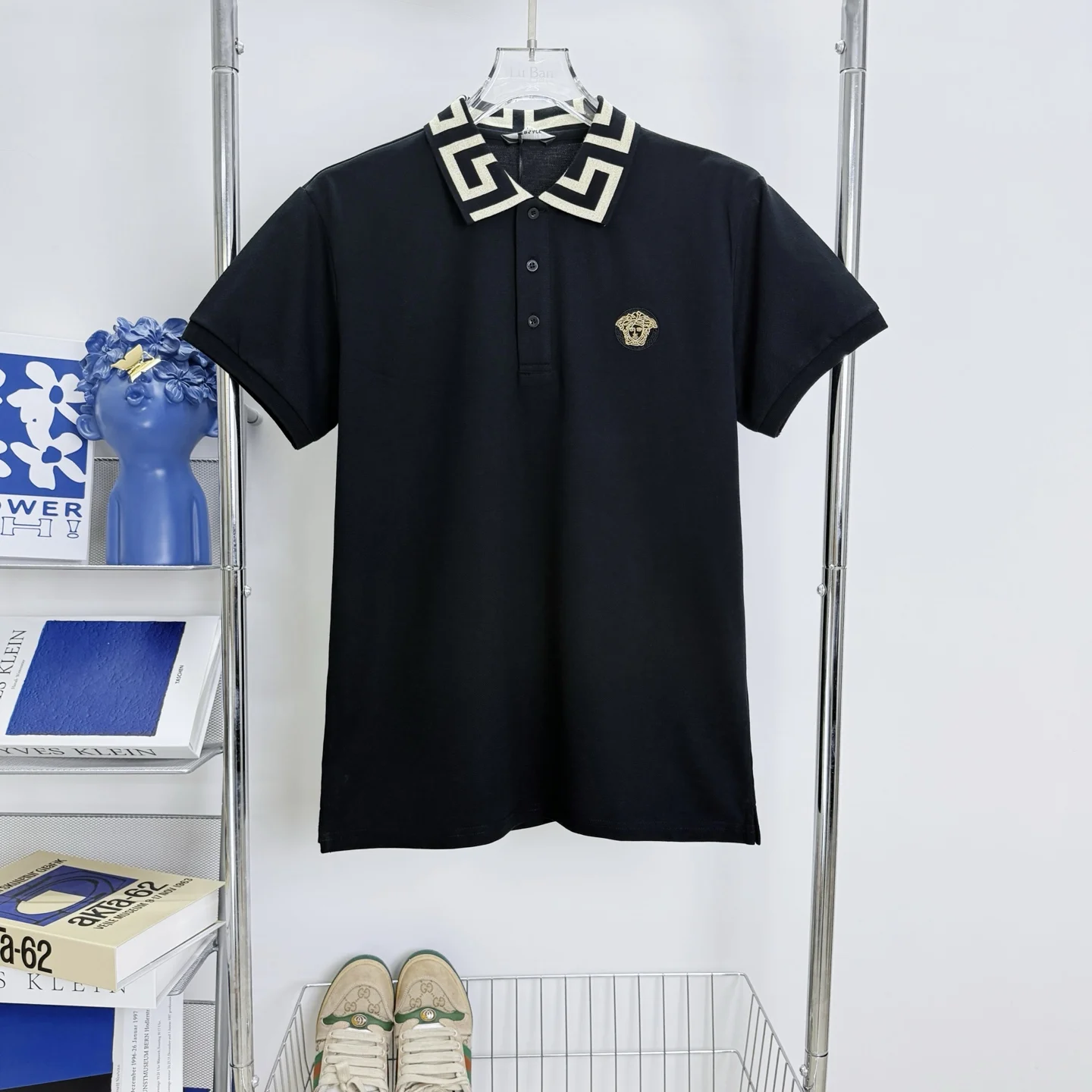 Versace Black Polo With Medusa Embroidery & Greek Key Collar