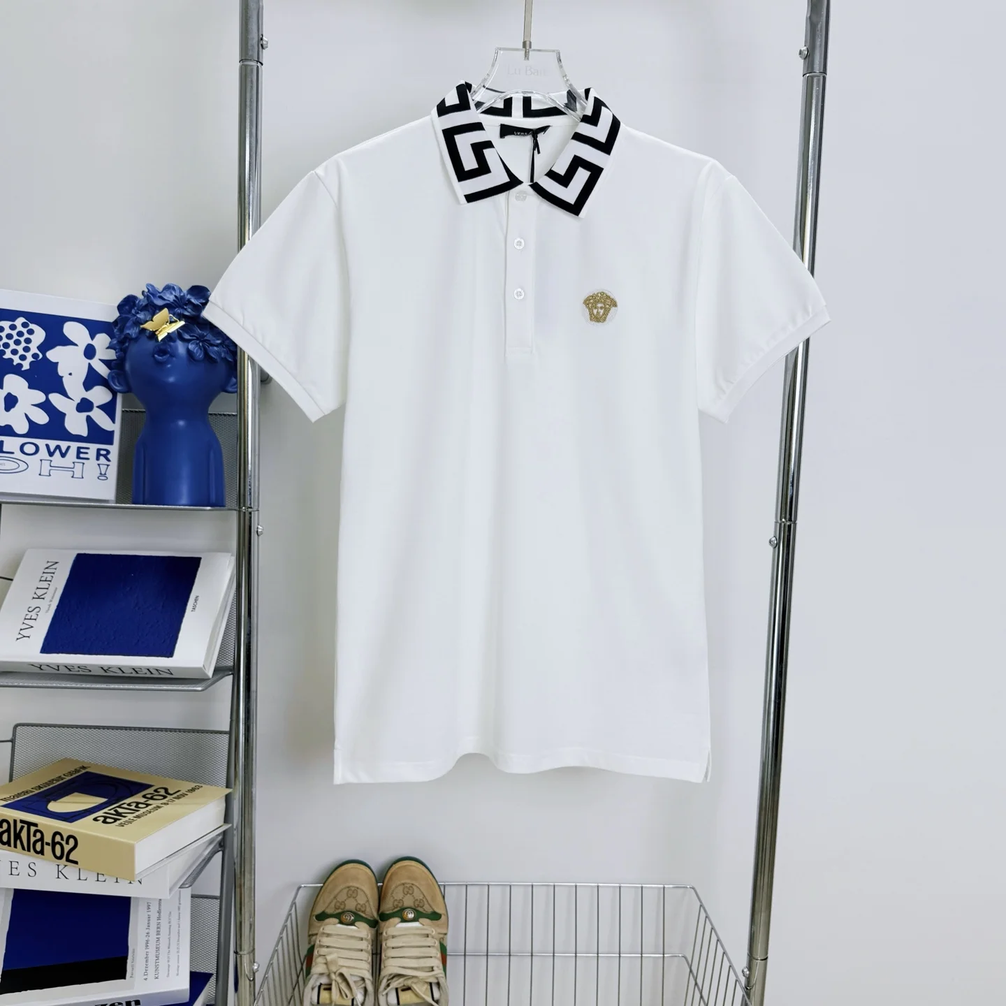 Versace White Polo, Greek Key Collar, Gold Medusa