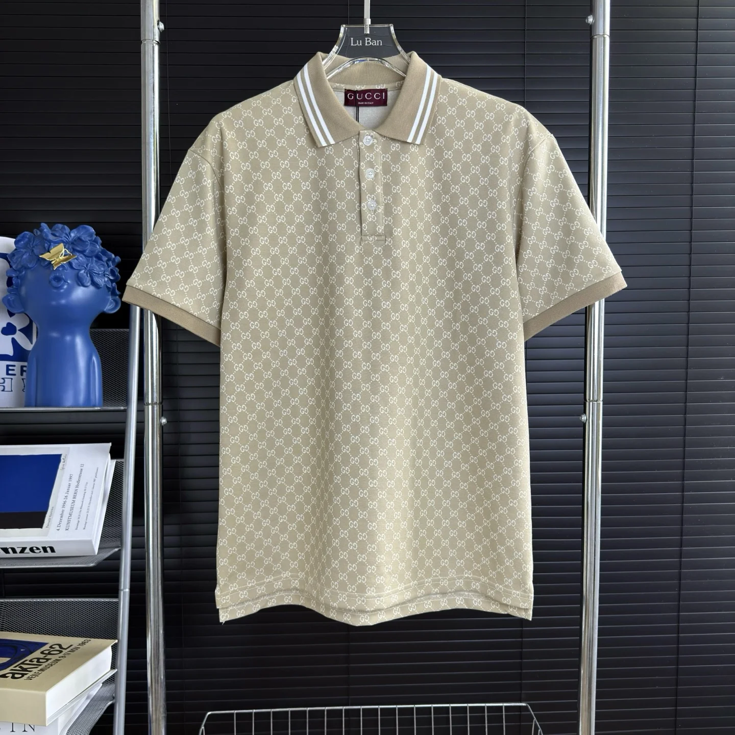 Gucci Beige Printed GG Logo Stripe Collar Polo Shirt