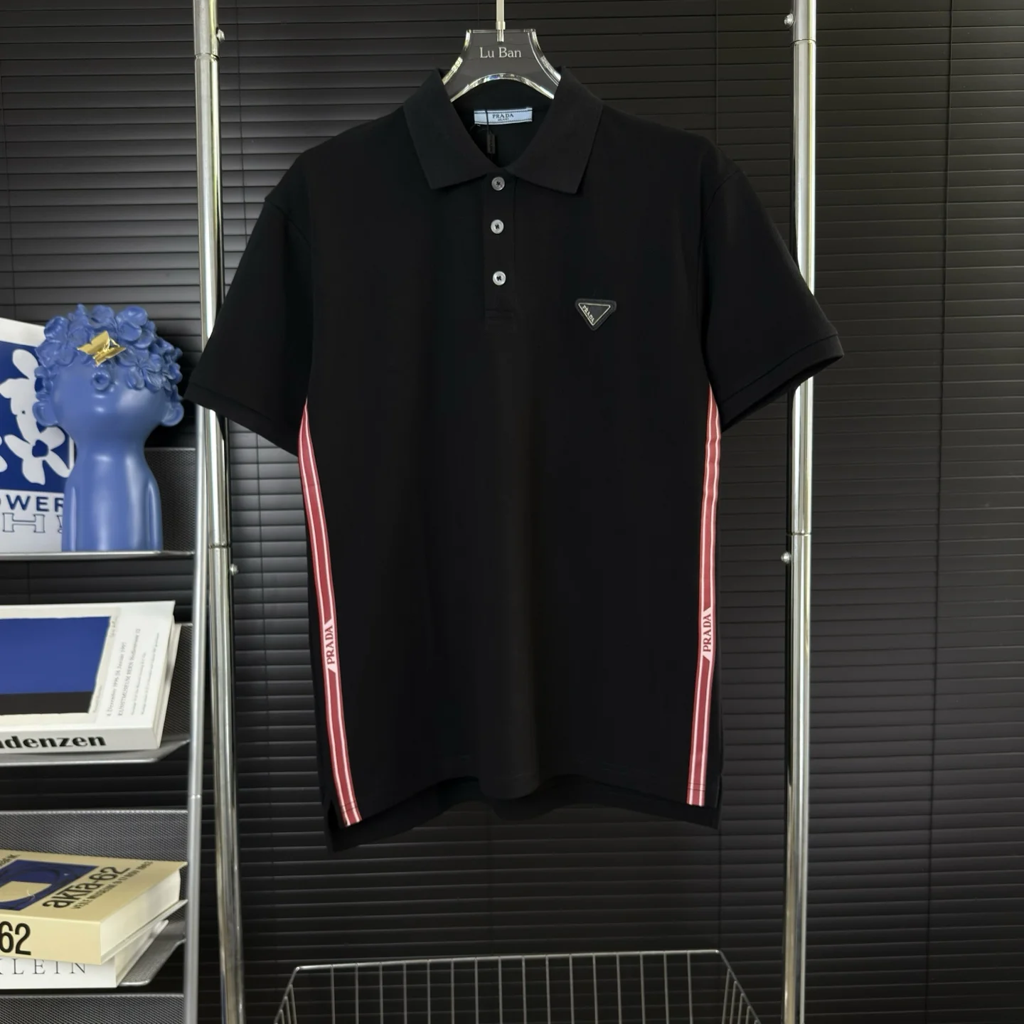Prada Black Polo Shirt With Red Stripes & Triangle Logo