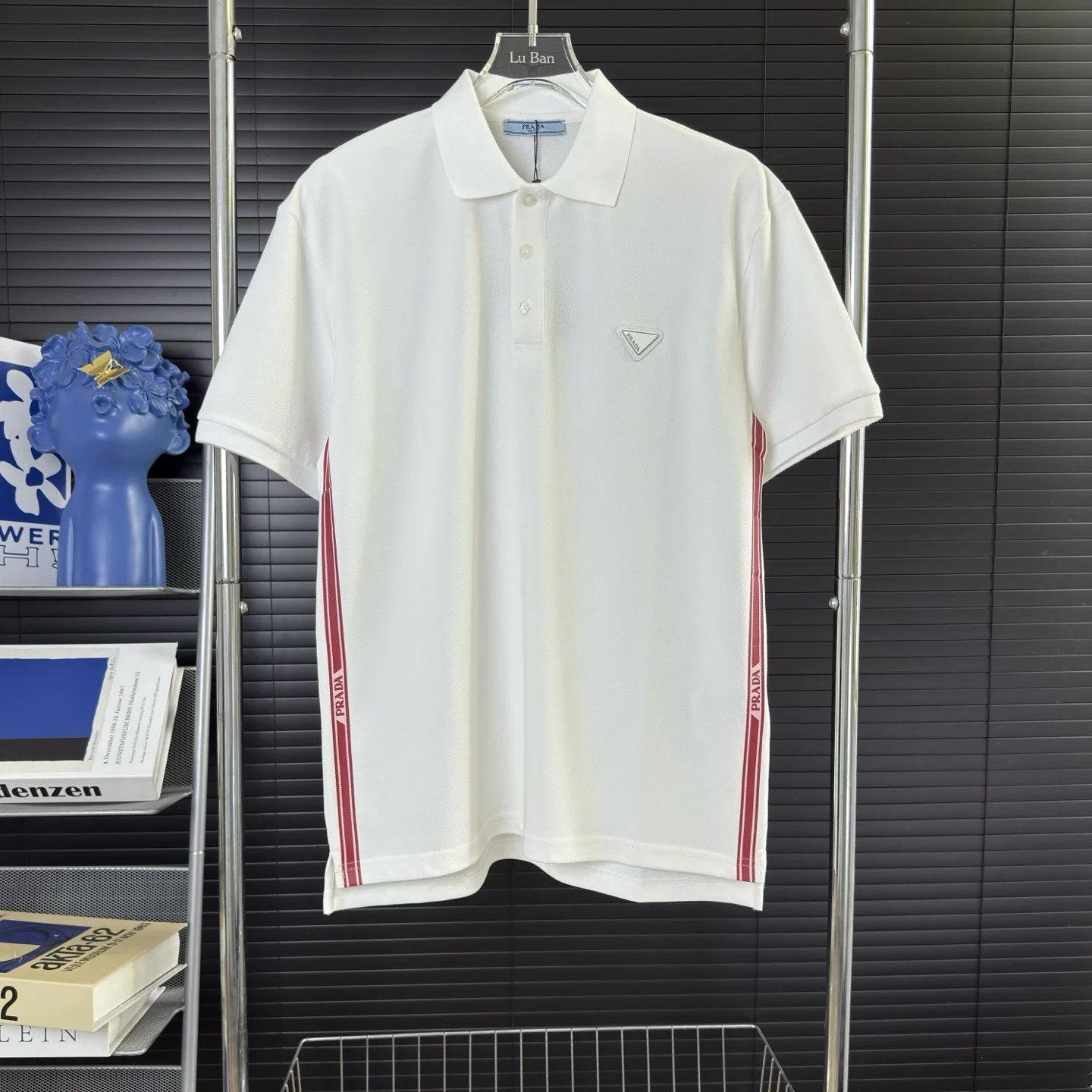 Prada White Polo With Side Red Stripes & Triangle Logo