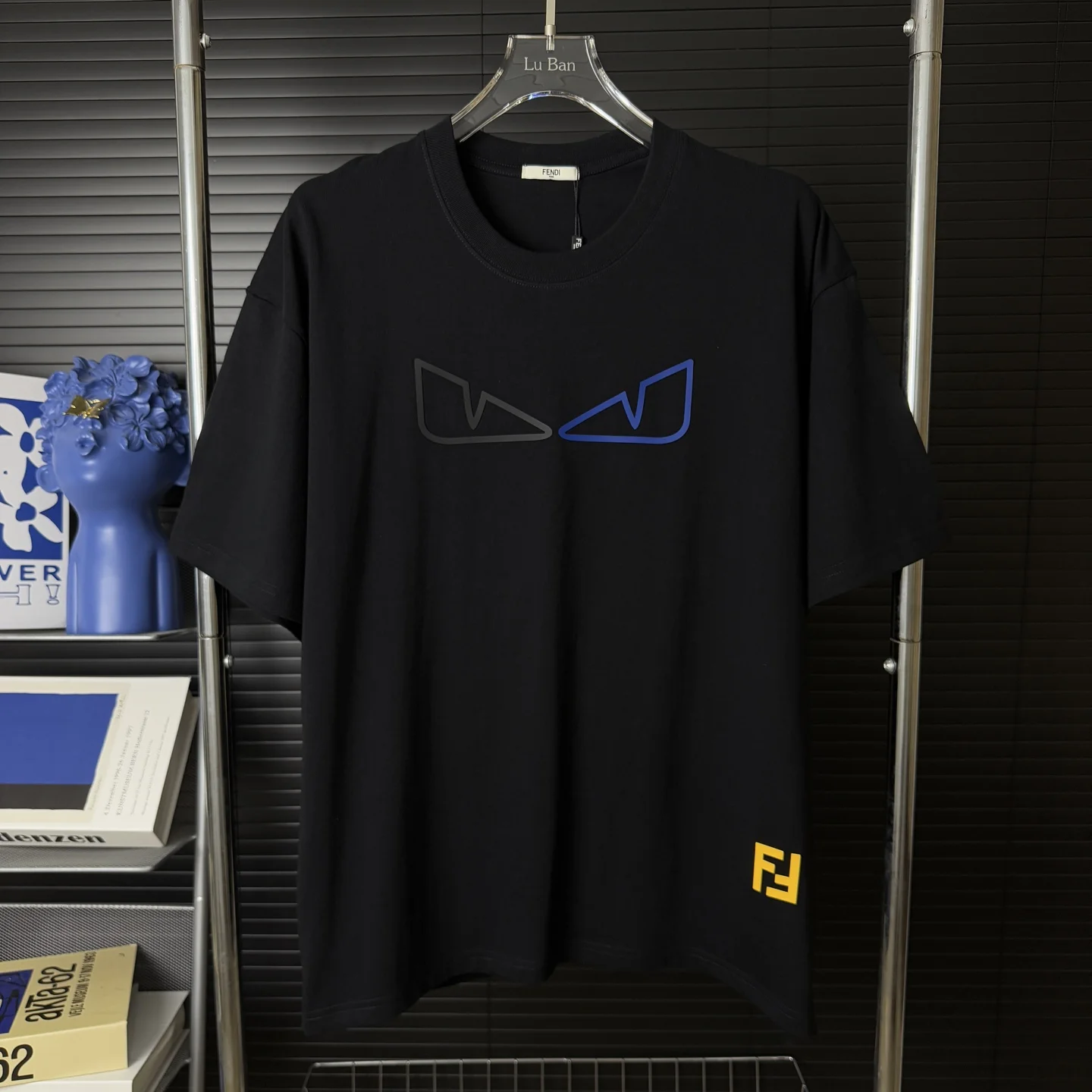 Fendi Black Different-Color Eyes & FF Logo Crew Neck T-Shirt