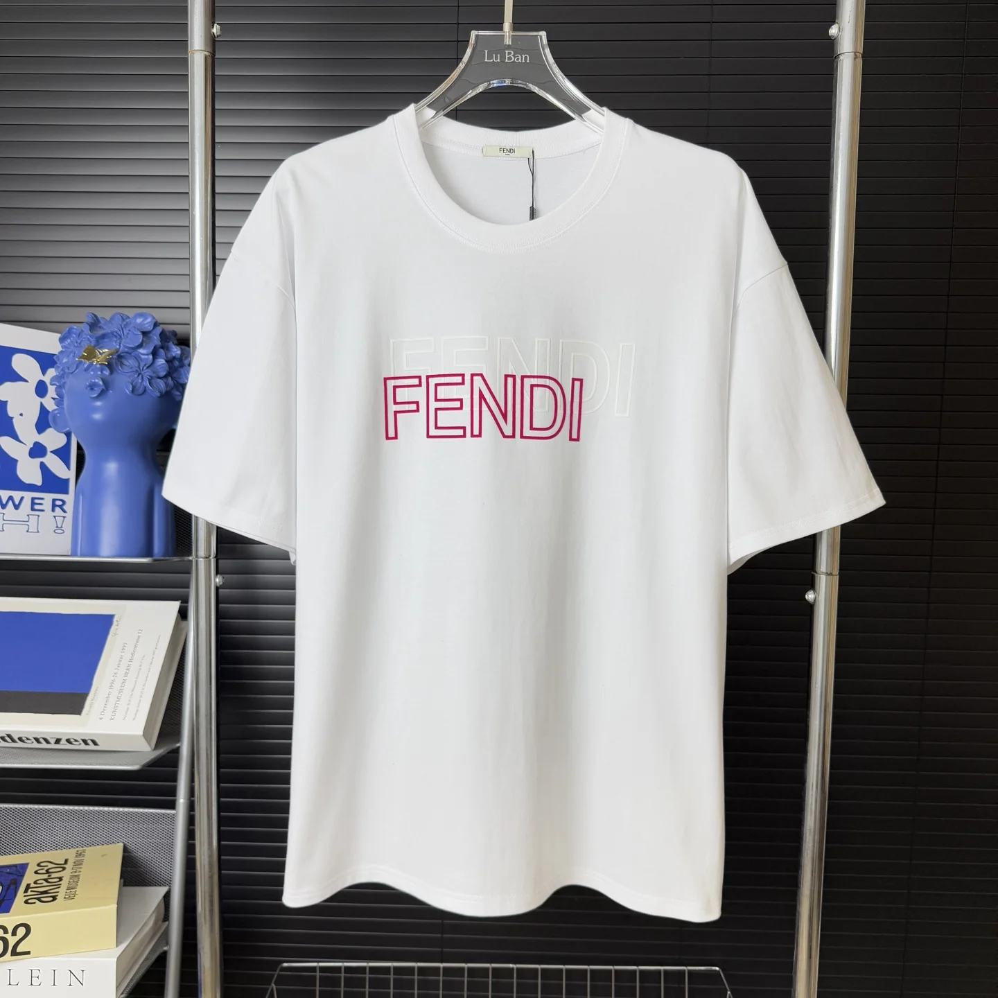 Fendi White Gradient Velour Letter Logo 270g Embroidery T-Shirt