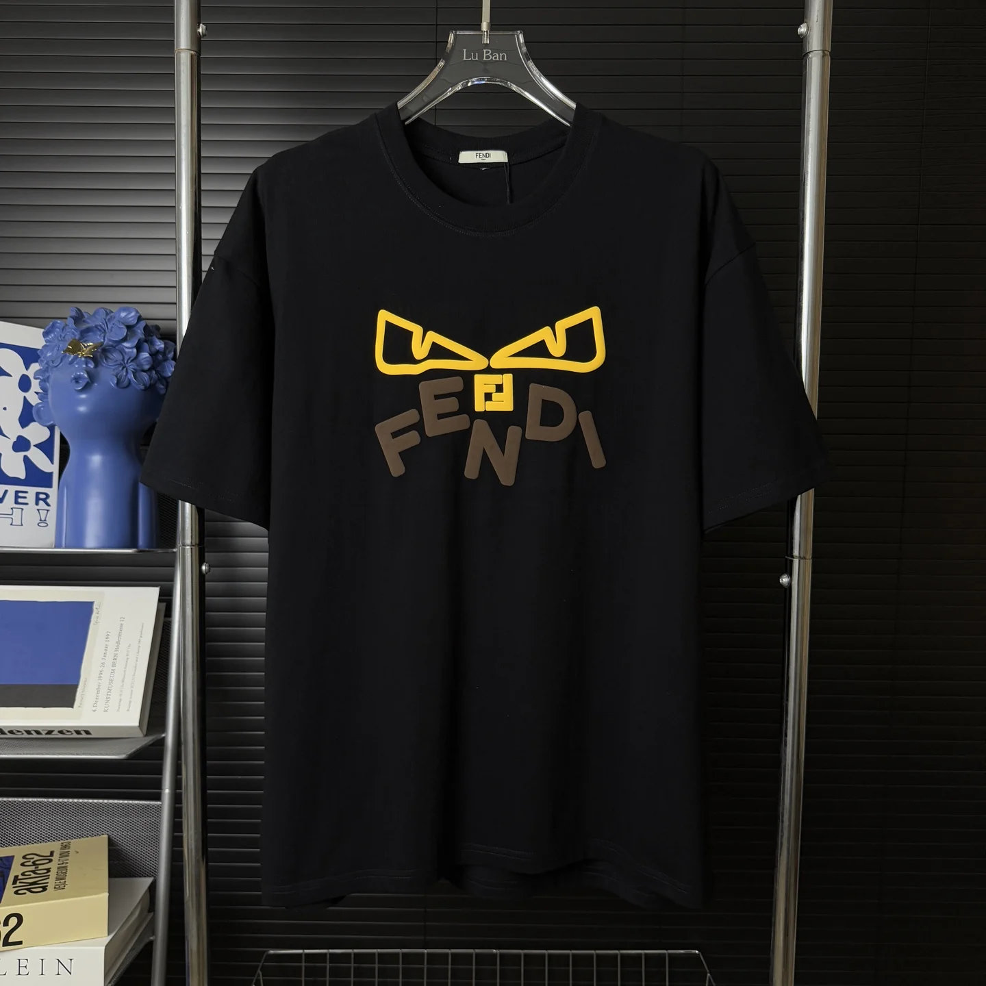 Fendi Black 3D Flocked Letter Logo 270g Tajima Embroidery T-Shirt