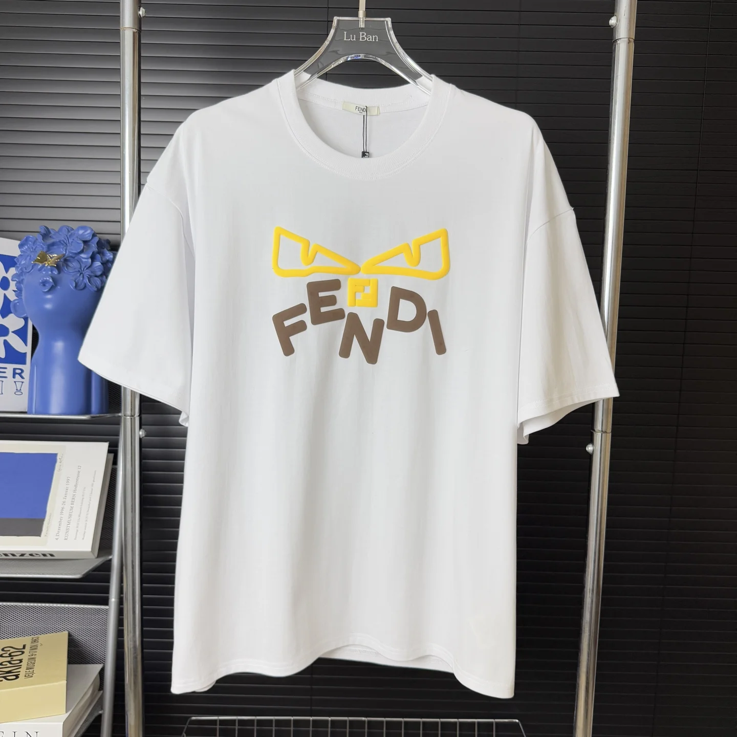 Fendi White Flocked 3D Letter Logo 270g Loose Crew Neck T-Shirt
