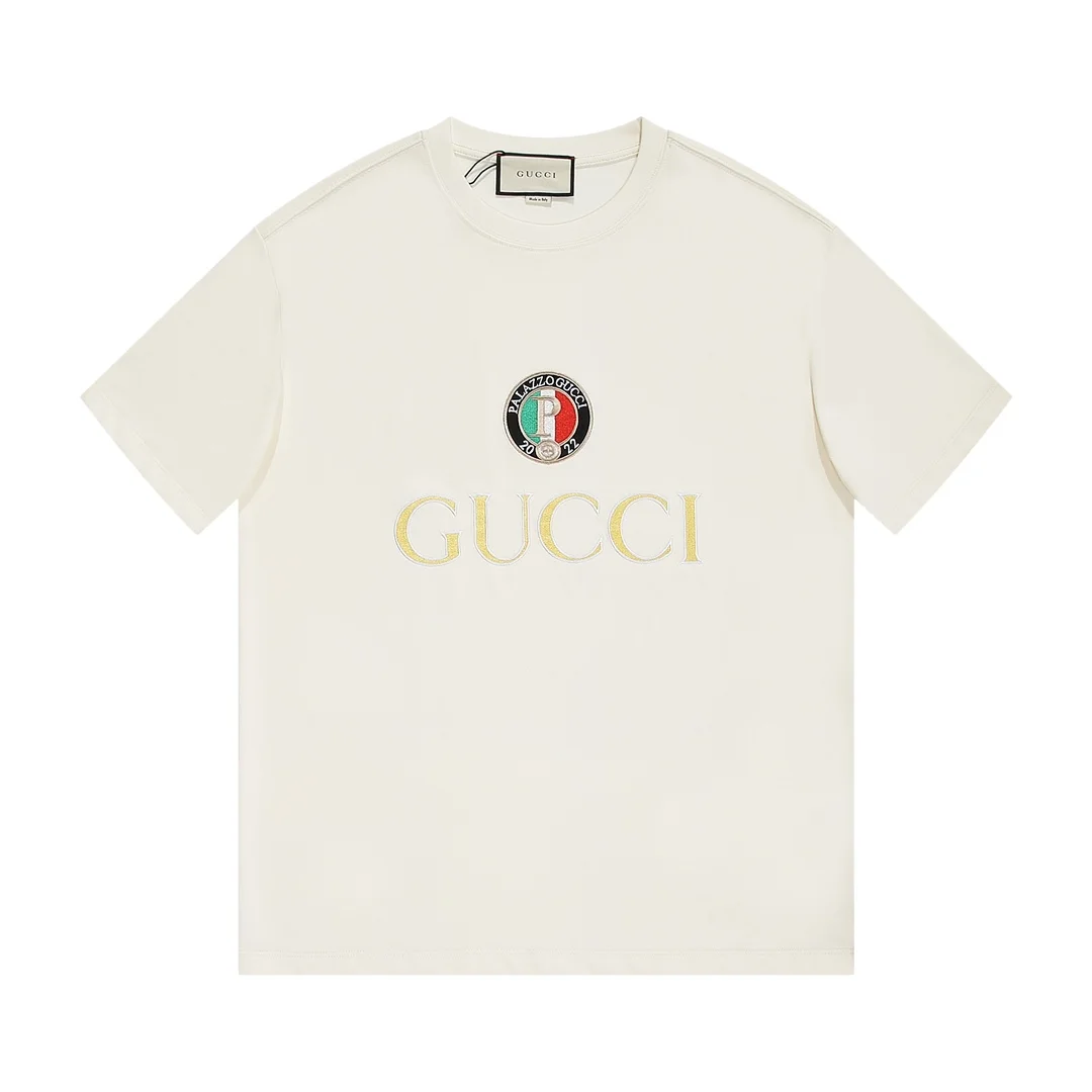 Gucci Beige Classic Big Letter Embroidery Cotton T-Shirt