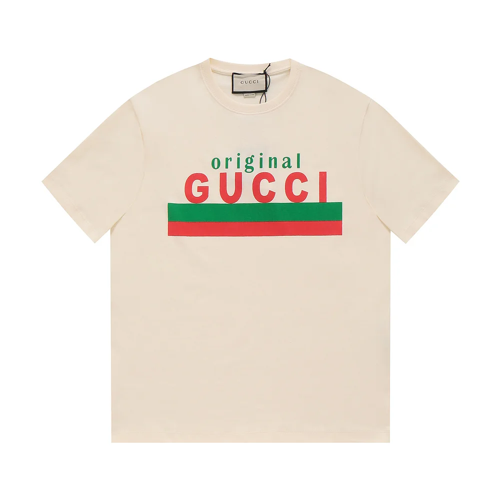 Gucci Beige "Original Gucci" Green-Red Print Cotton T-Shirt