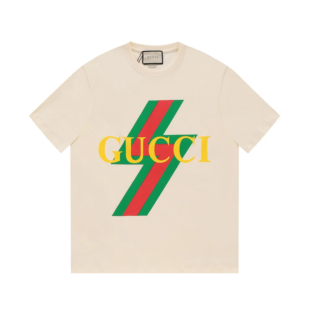 Gucci 23SS Beige Lightning & Logo Print OS Drop-Shoulder T-Shirt