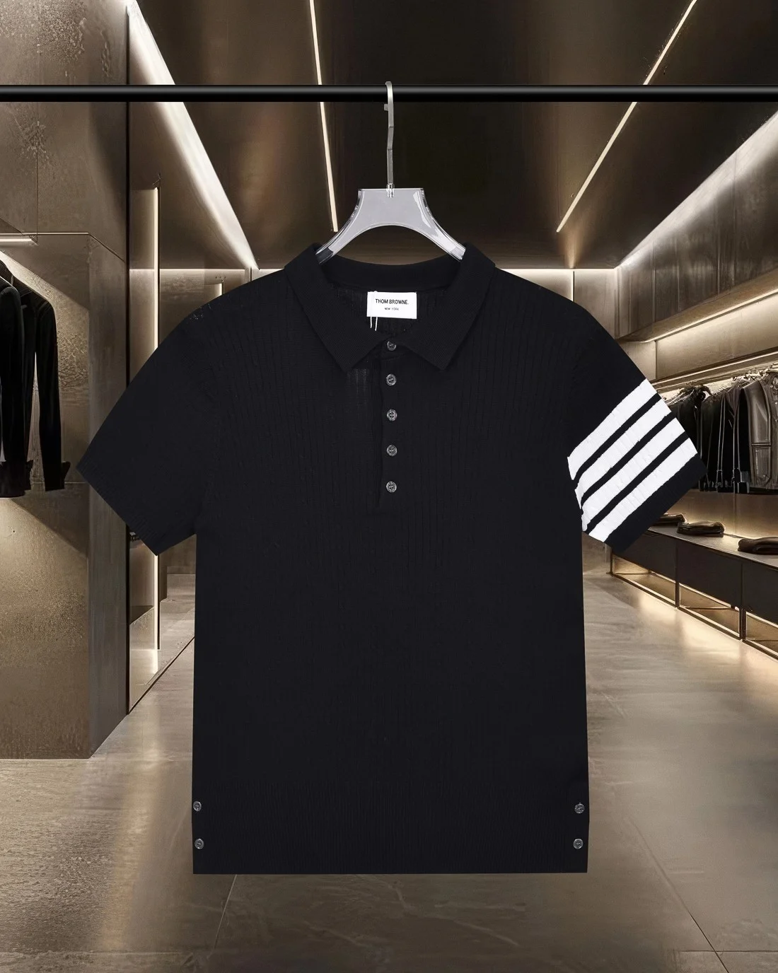Thom Browne 2025SS Black Color-Blocked Four-Stripe Polo T-Shirt