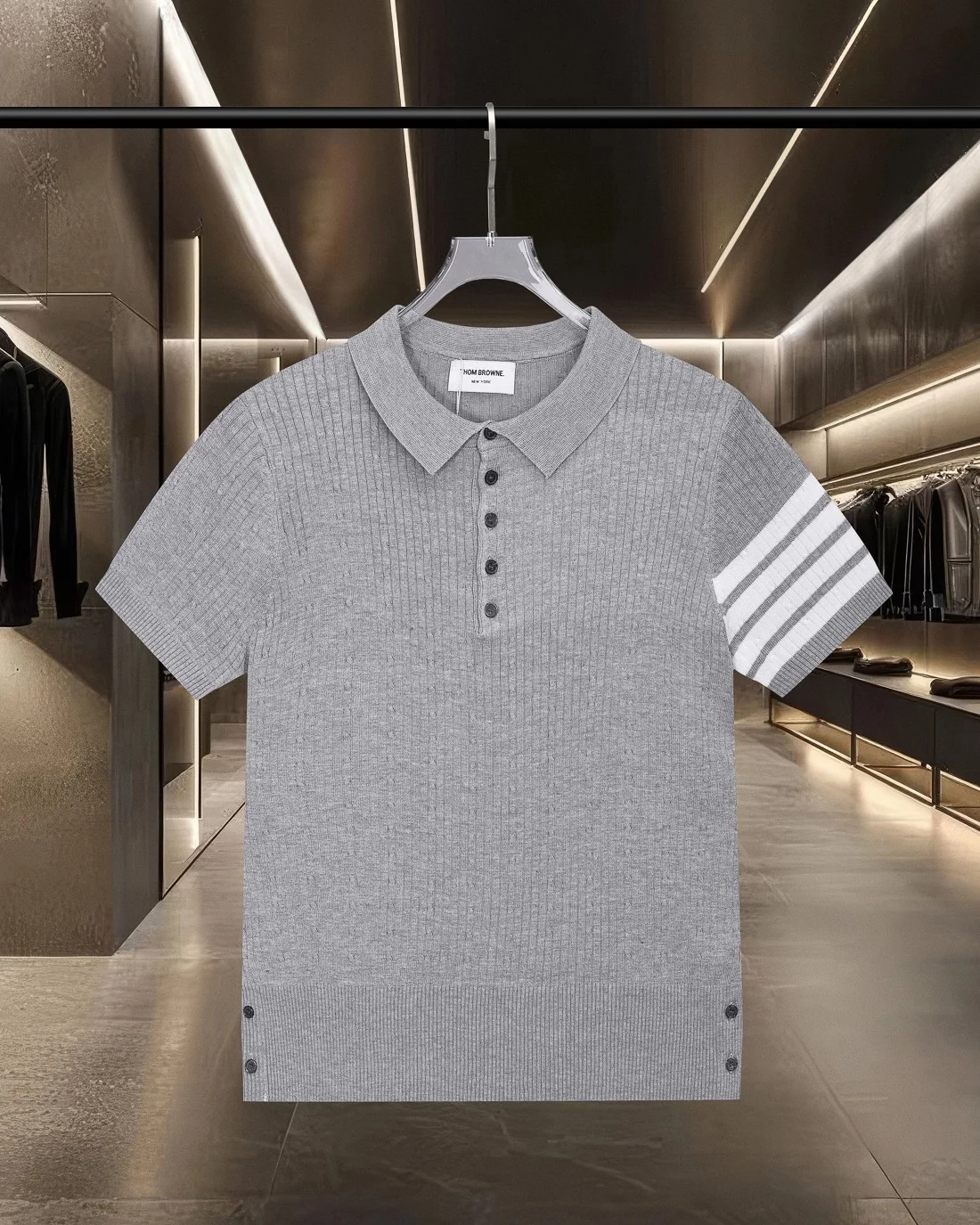 Thom Browne 2025SS Gray Color-Blocked Four-Stripe Polo T-Shirt