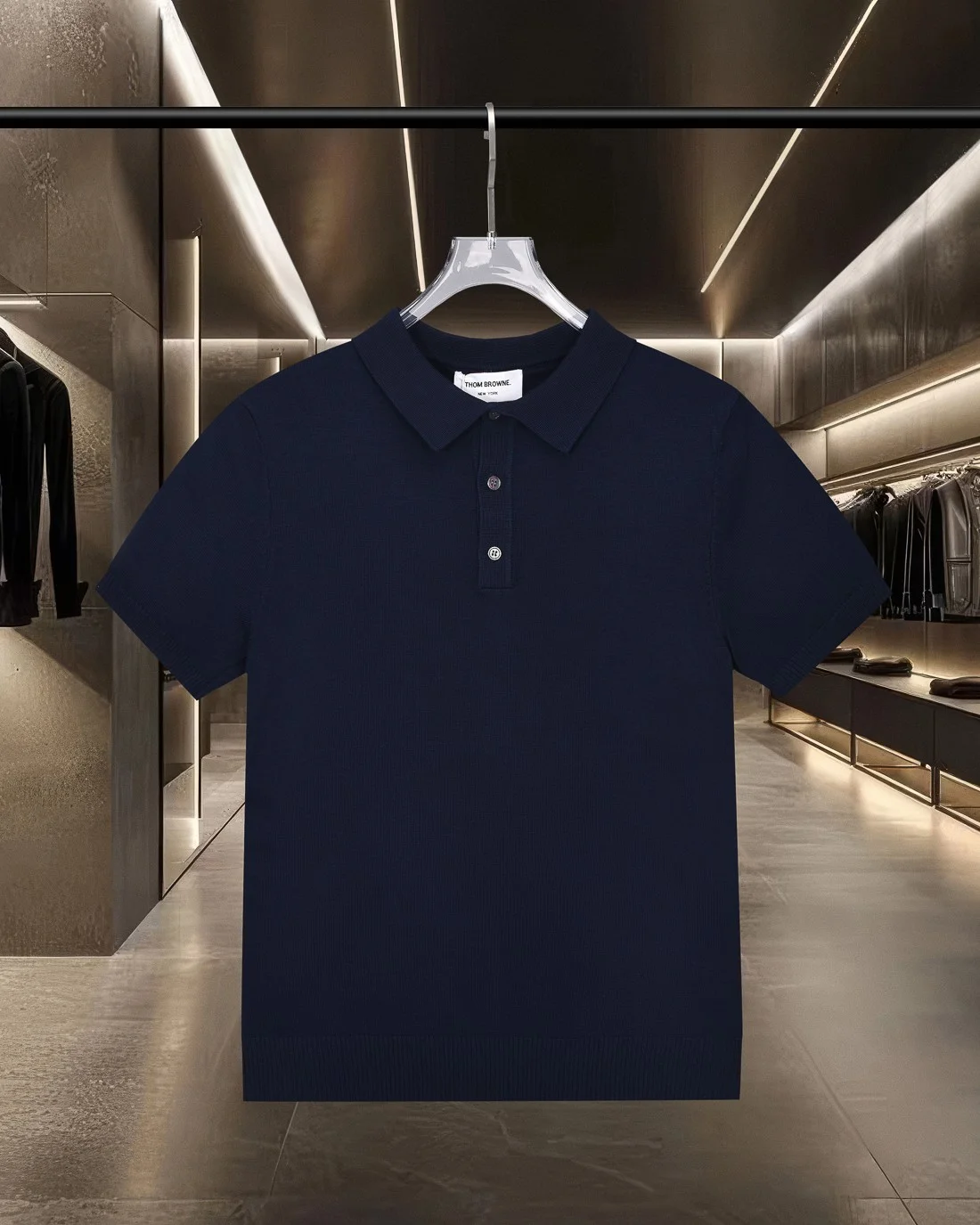 Thom Browne 2025SS Navy Blue Logo-Button Knit Polo T-Shirt