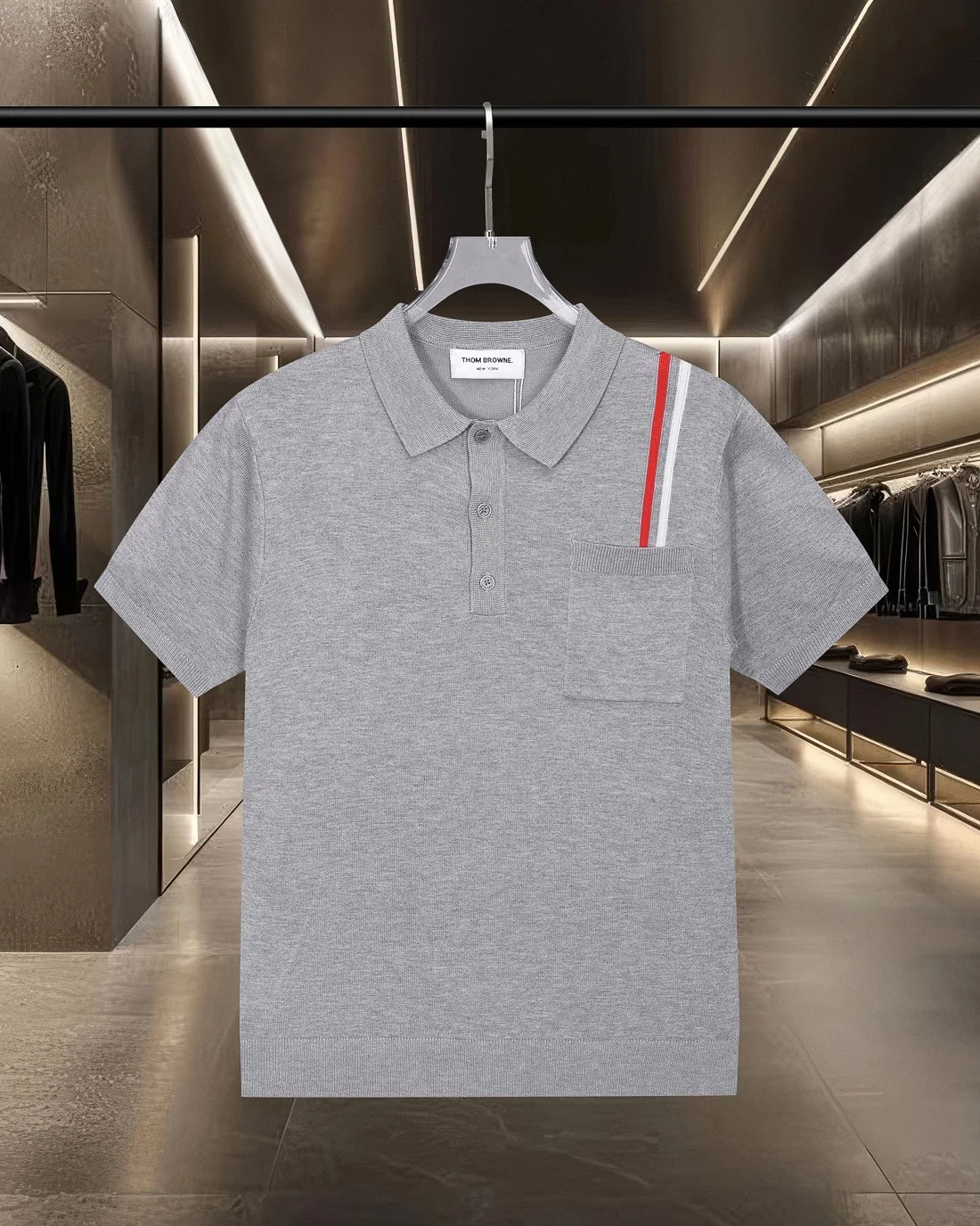 Thom Browne 2025SS Gray Color-Blocked Stripe Knit Polo T-Shirt