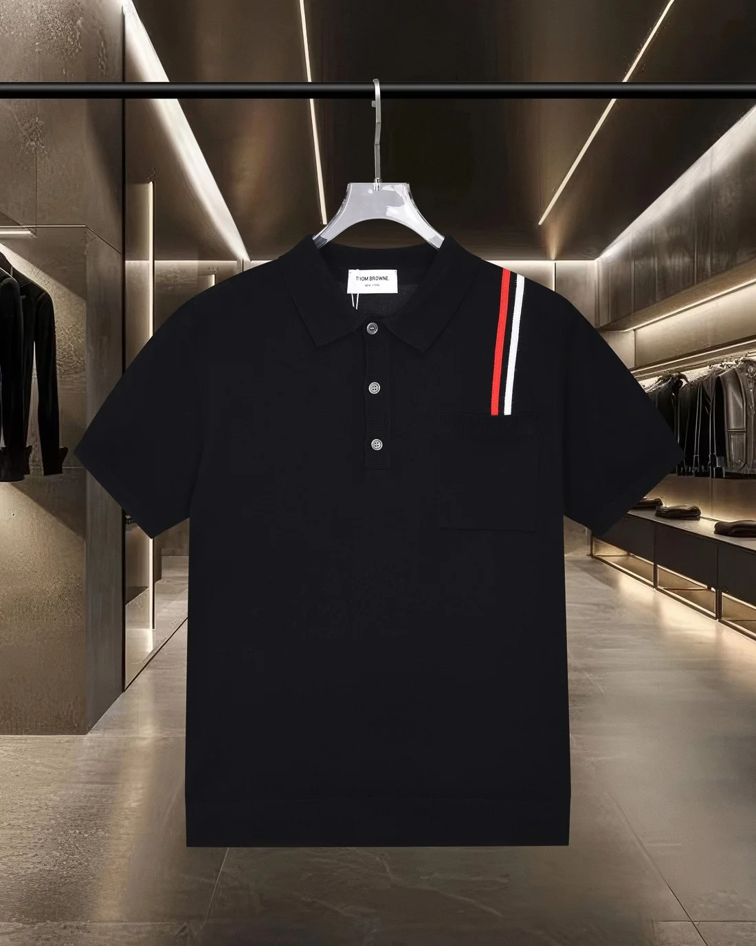 Thom Browne 2025SS Black Color-Blocked 4-Bar Knit Polo T-Shirt