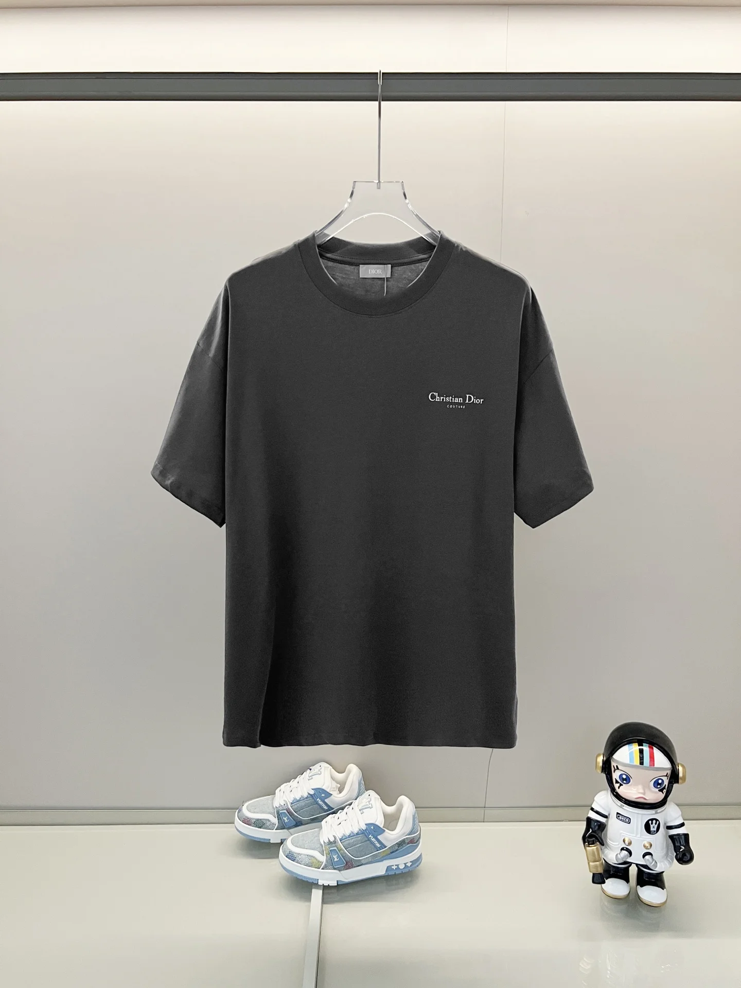 Dior Gray Logo & Lily of the Valley Print 260g Crew Neck T-Shirt