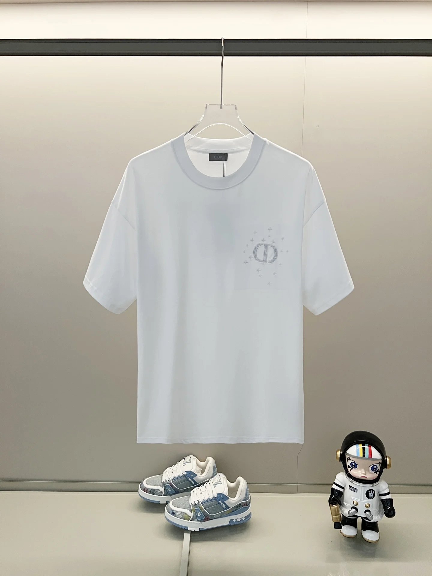 Dior White Embroidered Logo Solid-Color Small-Label T-Shirt