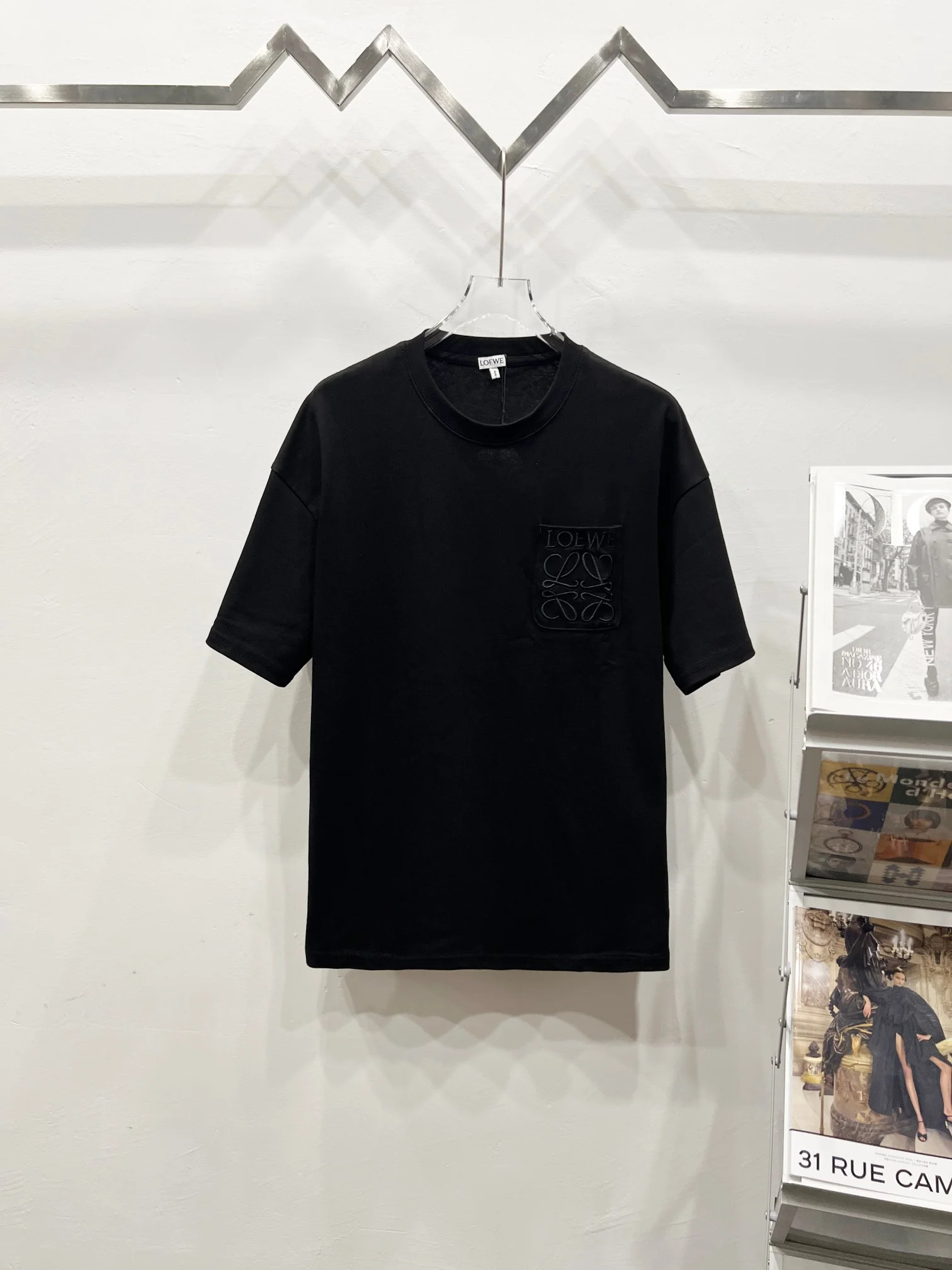 Loewe Black Minimalist Pocket Embroidery Crew Neck Cotton T-Shirt