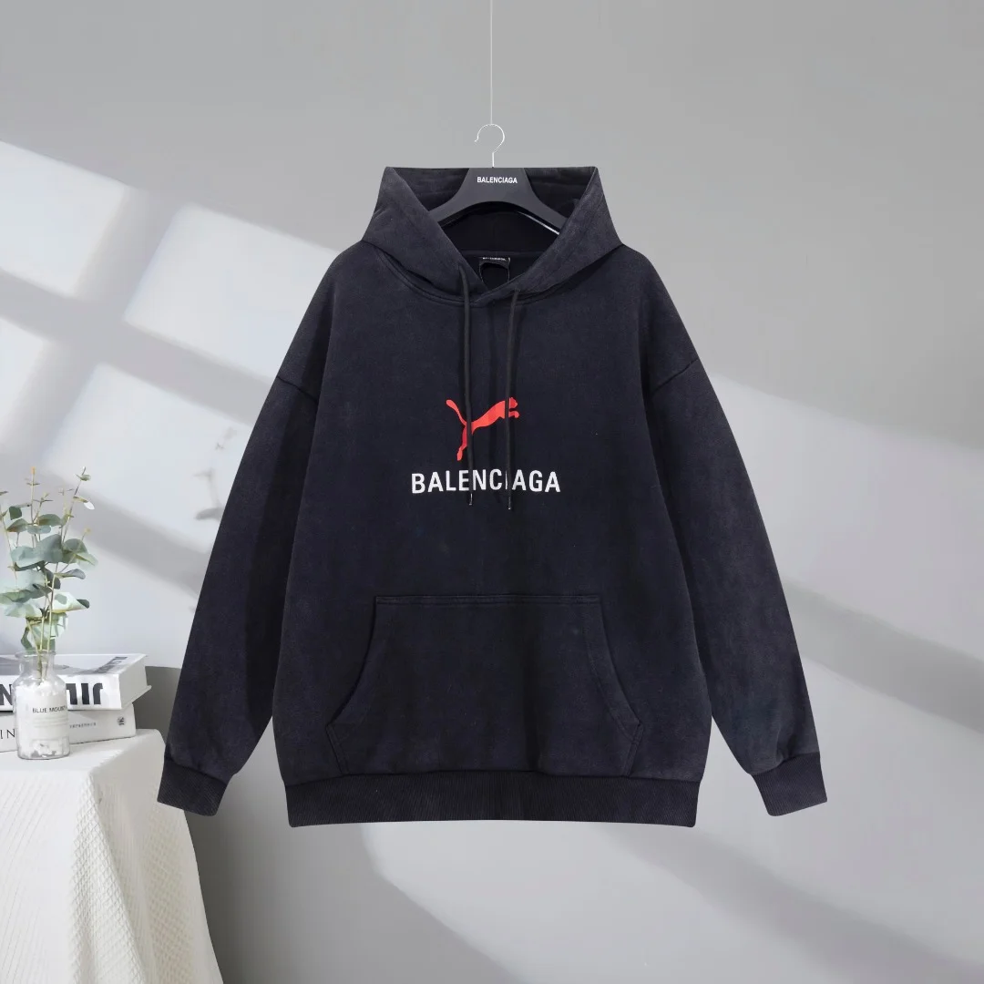 Balenciaga x Puma 2025SS Washed Black Distressed Logo Hoodie