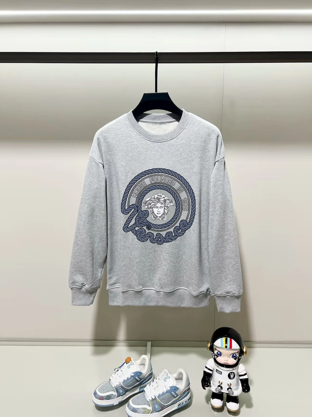 Versace 2025AW Gray Crew Neck Sweatshirt with Medusa Logo Print
