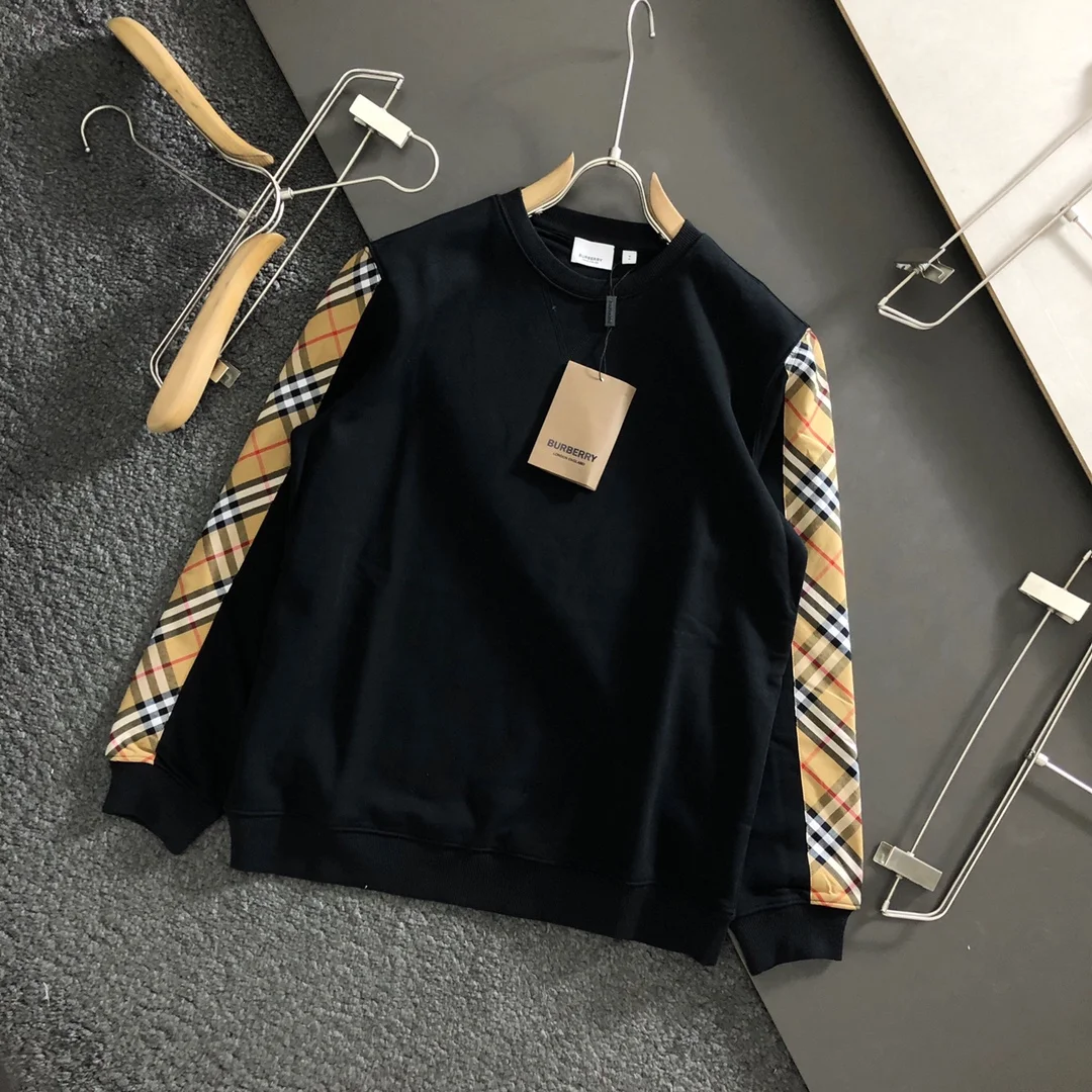 Burberry Black Plaid Patchwork Digital Embroidery Crewneck Sweatshirt