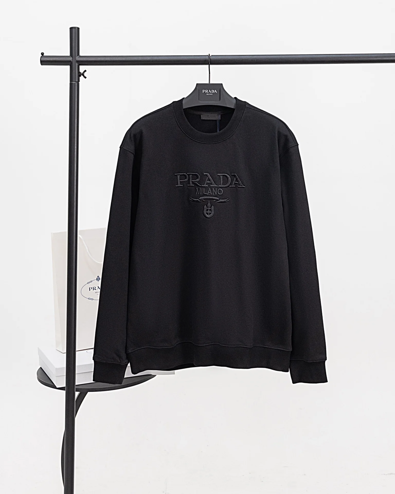Prada Black Crew-Neck Sweatshirt with 3D Embroidered Logo