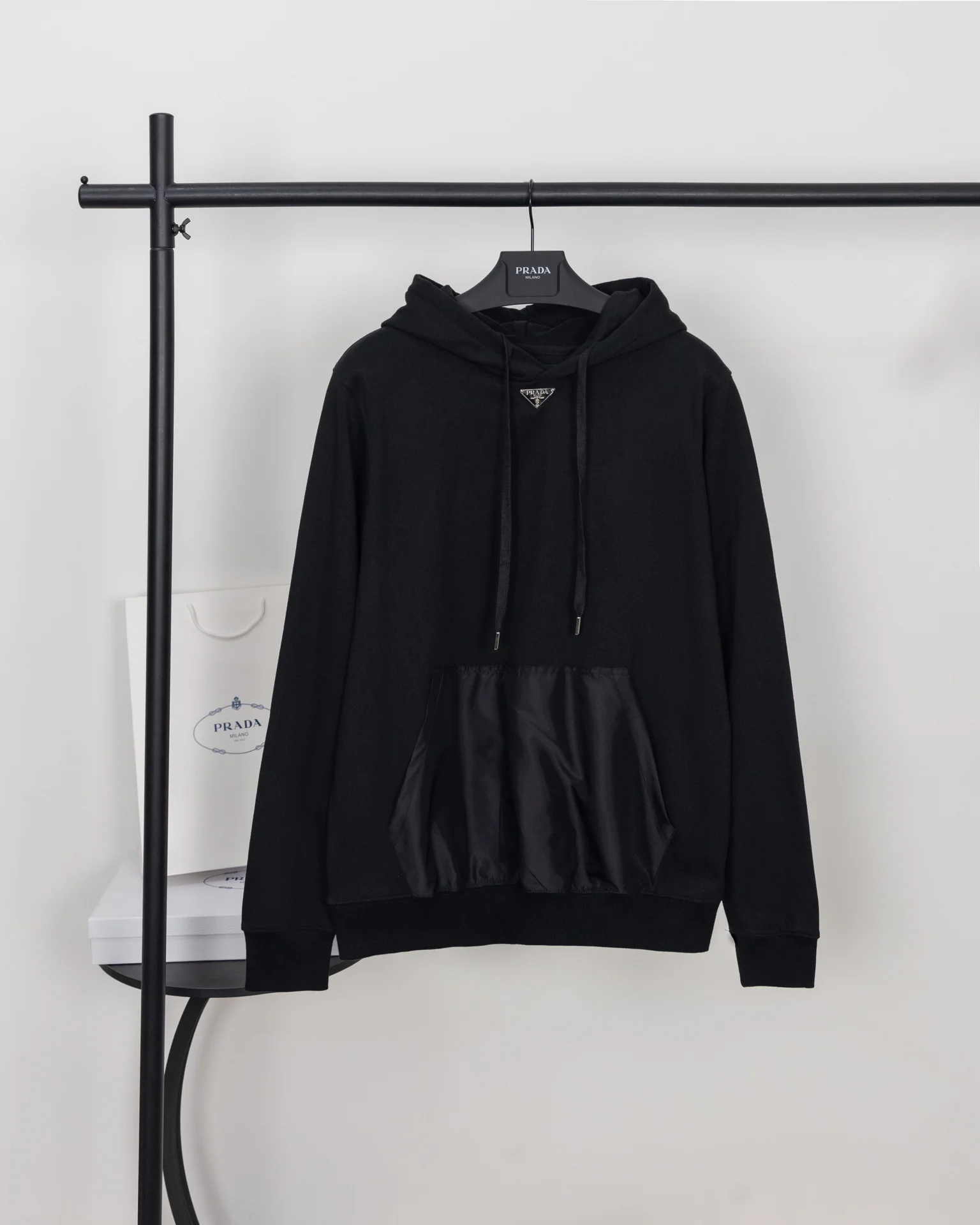 Prada 2024SS Black Hoodie with Triangular Steel Logo & Nylon Pocket
