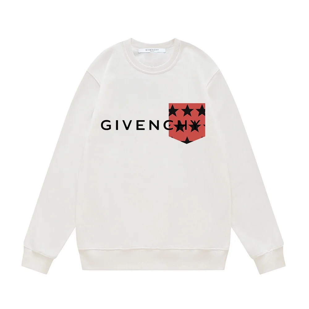 Givenchy White Crew Neck Sweatshirt with Fake Pocket & Star Pattern